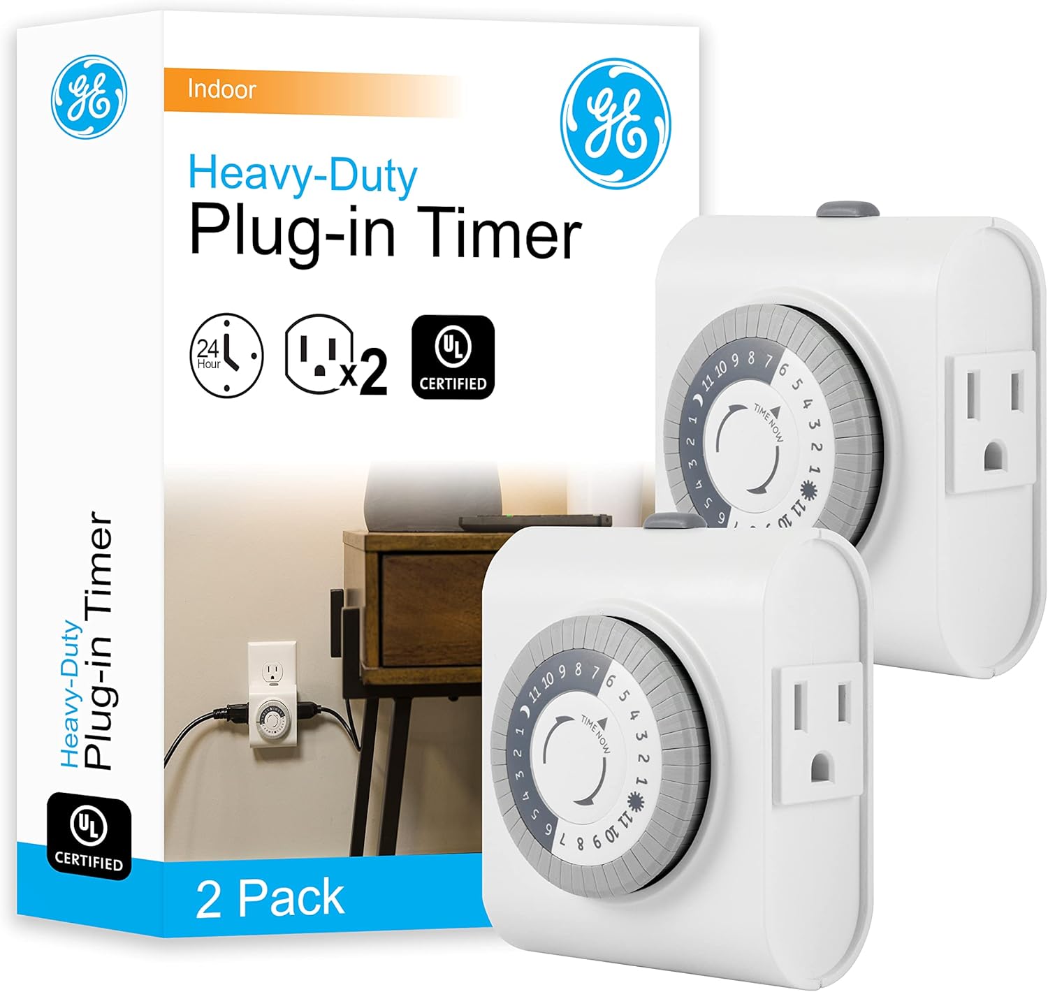 Product image of GE Mechanical Grounded Outlet Timer, Dual Plugs with 3 Prongs, 24 Hour Cycle, Indoor Use for Lights, Lamps, Fans, Appliances, Christmas Tree, 2 Pack, 46211