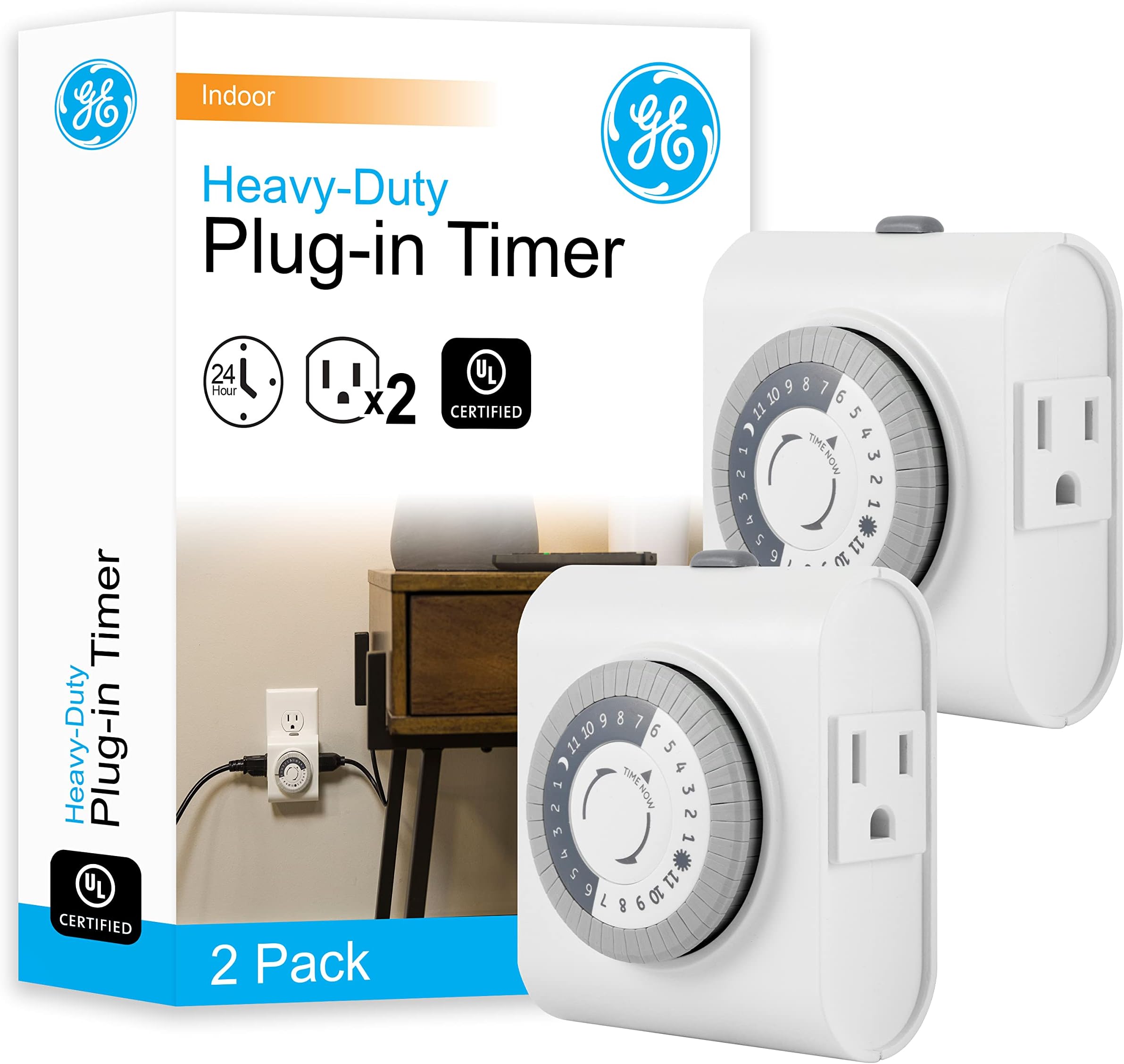 24‑Hour Mechanical Outlet Timer Switch, Dual Grounded Plug‑in Control for Indoor Lighting, Lamps, Christmas Trees, Fans and Small Appliances (2 Pack), 46211