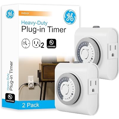 GE 24‑Hour Mechanical Outlet Timer Switch, Dual Grounded Plug‑in Control for Indoor Lighting, Lamps, Christmas Trees, Fans and Small Appliances (2 Pack), 46211