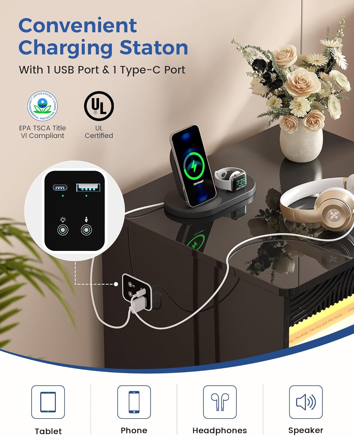 Nightstands Set of 2 with Gun Drawer, Bedside Table with 3-Color LED Lights & Human Sensor, Smart Night Stands with Charger Station, 2 Drawers Modern End Table for Bedroom, Black