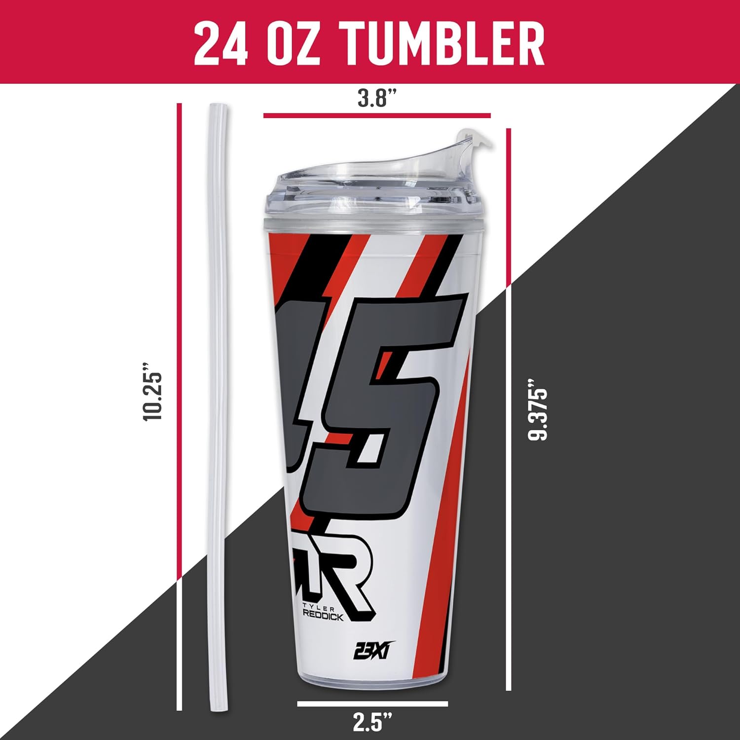 Rico Industries NASCAR Racing Tyler Reddick 24oz Acrylic Tumbler with Hinged Lid, Officially Licensed Double Wall Tumbler with Straw - Image 6