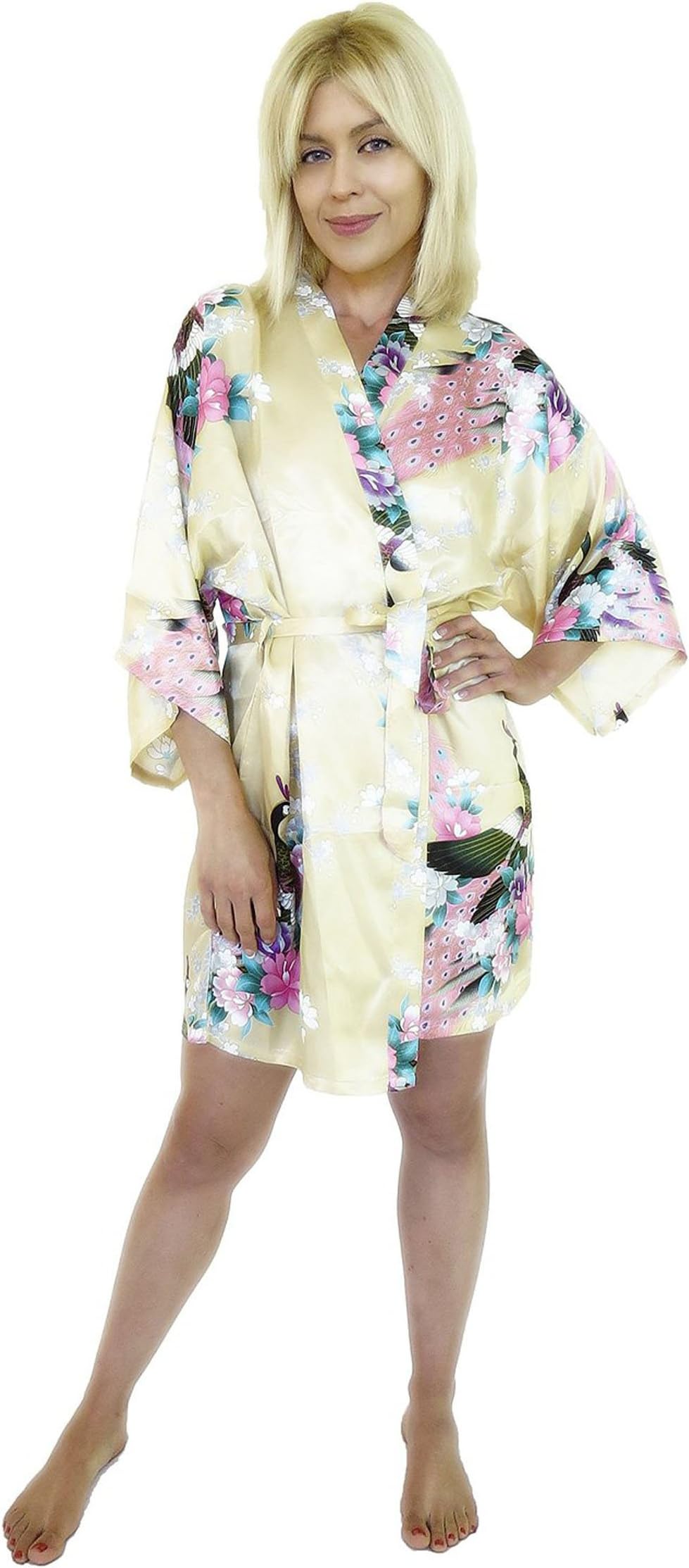 Russotti Women's Kimono Satin Robe, Peacock Design, Short (Small/Mediem, Grape)