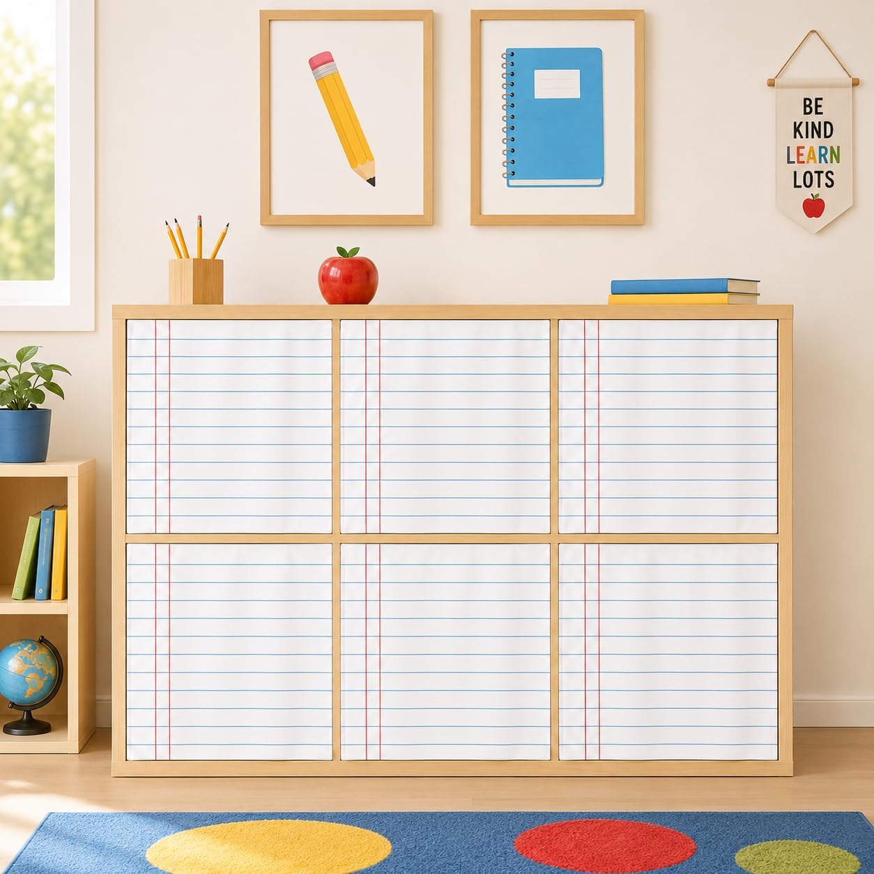 Cinrobiye Classroom Cabinet Curtains for Storage Shelves 24 x 24.61 Inch Self Adhesive Shelf Curtains with Colorful Designs Privacy Drapes Covers for School Kindergarten Daycare Organization Decor
