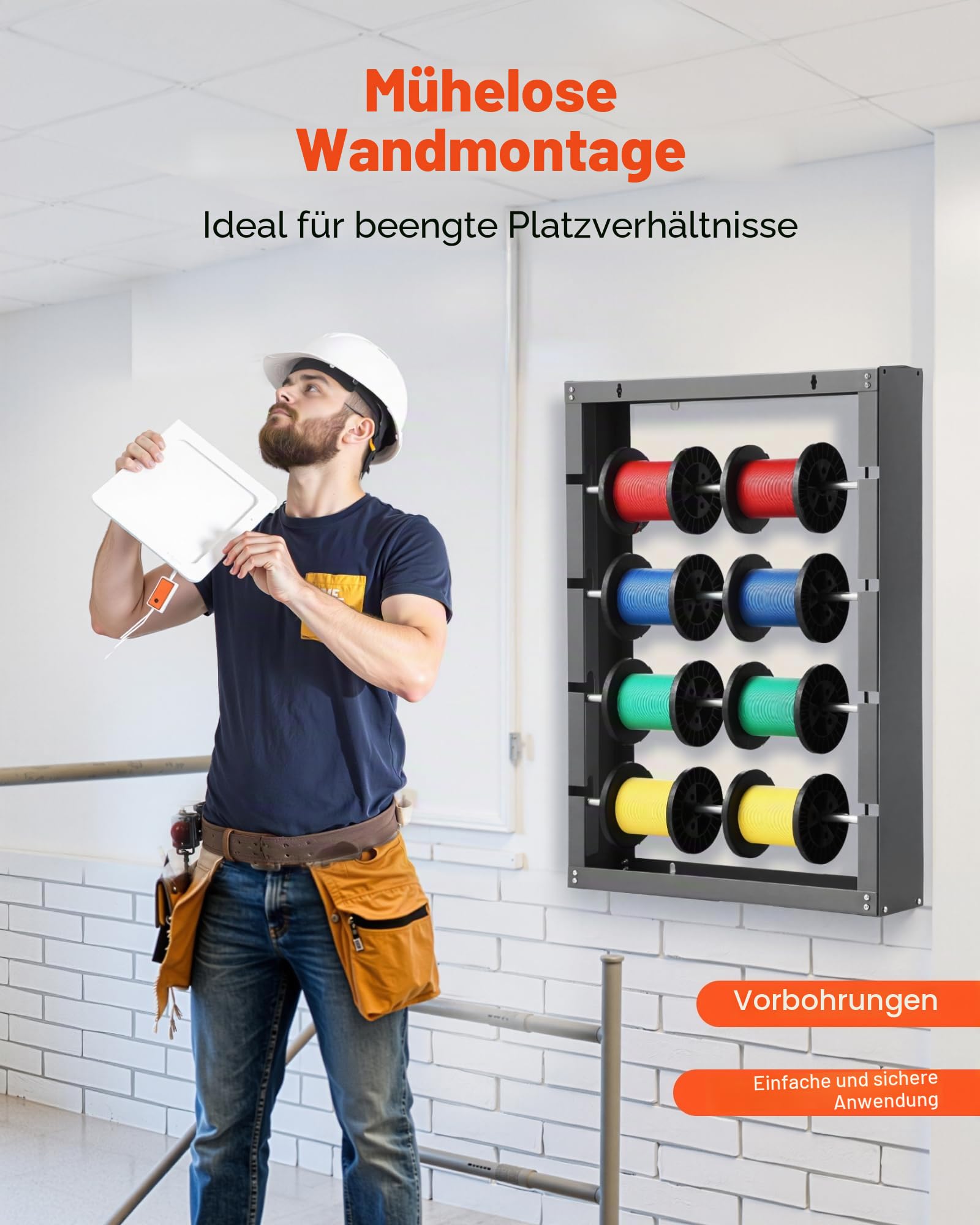 VEVOR Drahtspulenhalter, 4 verstellbare Stangen, Wandmontierter Kabelspulenhalter aus kaltgewalztem Stahl, Kabelaufbewahrungs- & Präsentationsregal, Tragkraft 68 kg, für Verschiedene Bedingungen