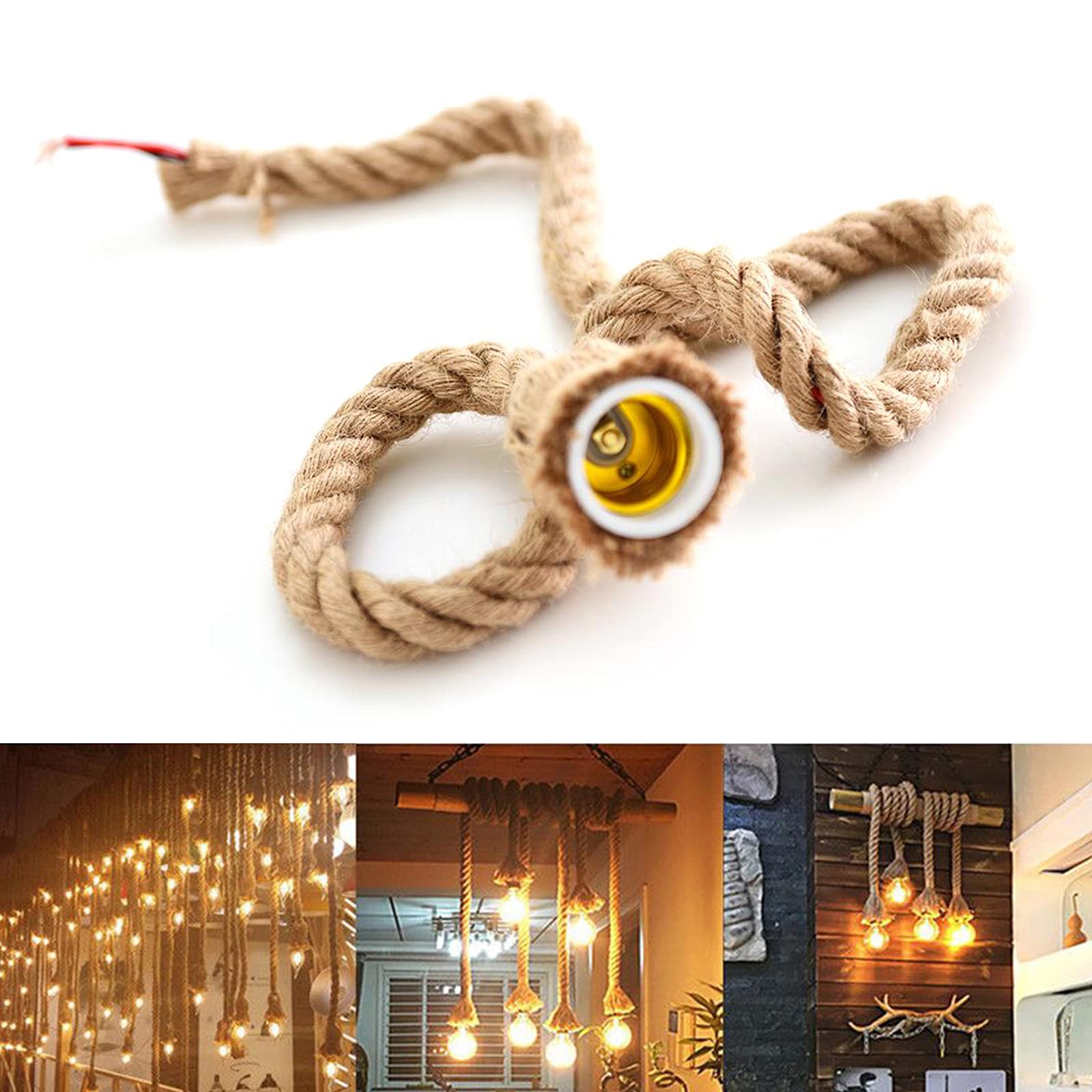 Hemp Rope Electric Wire Cord Hanging Pendant Light Cord Lamp for DIY E27 Edison Bulb, Holder Suspension Vintage Style for Loft Restaurant Kitchen Hall Coffee Shop (Single Head-1M)