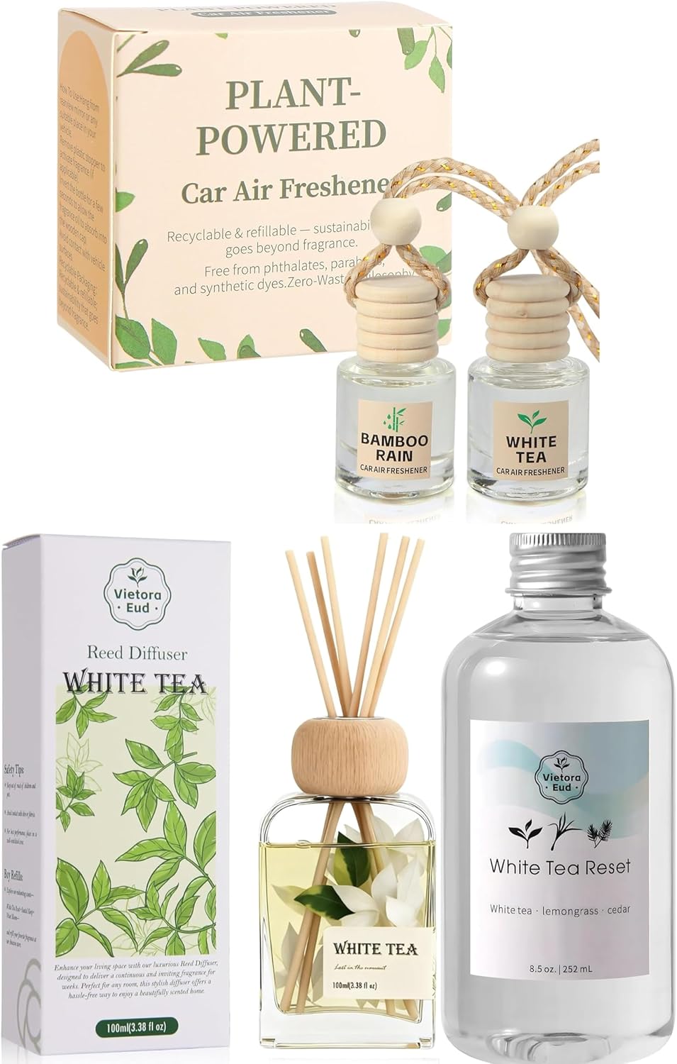 White Tea Scent Set: Car Diffuser, Reed Diffuser & Essential Oil Refill