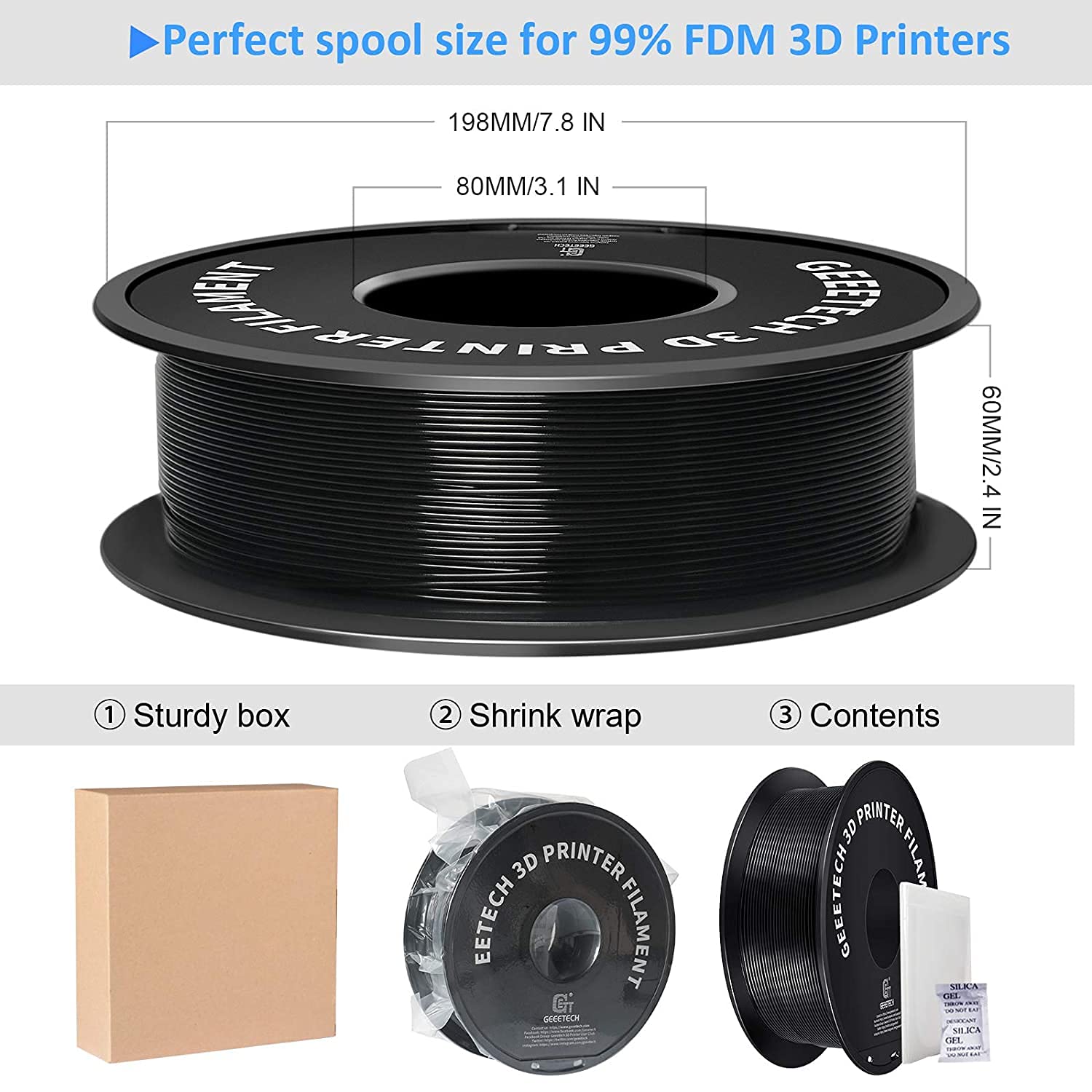 Filamento PLA 1,75 mm, GEEETECH PLA Nero, Filamento Stampante 3D bobina da 1 kg, New PLA Nero