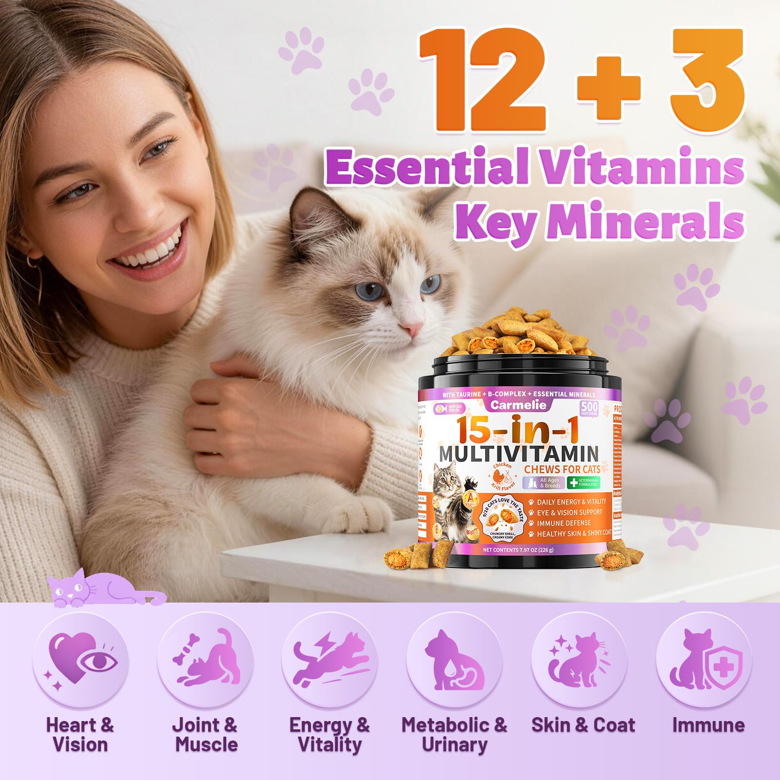 Taurine for Cats Vitamins Treats, 90 Days 15 in 1 Cat Multivitamin 500 Ct — Amazon image 2