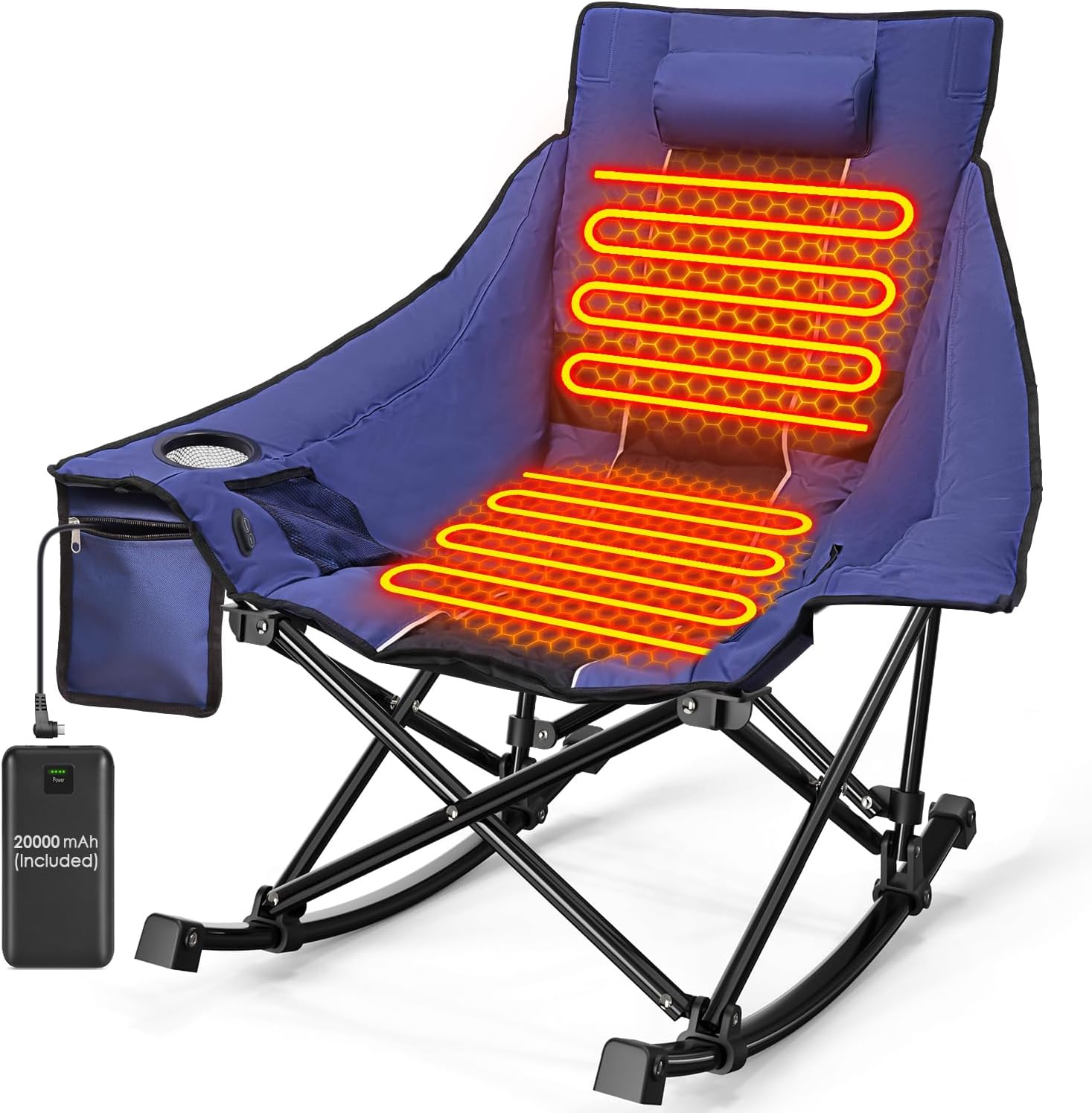 Slendor Oversized Heated Camping Chair with 2000mAh Battery, Padded & Pillow Heated Rocking Chair, 3 Adjustable Heat Settings Camping Rocker Chair for Easy Setup and Foldable Storage