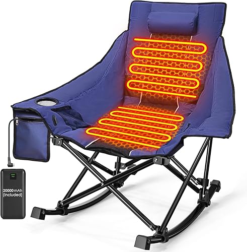 Slendor Silla de camping con calefacción de gran tamaño con batería de 2000 mAh, mecedora acolchada y térmica con almohada, 3 ajustes de calor