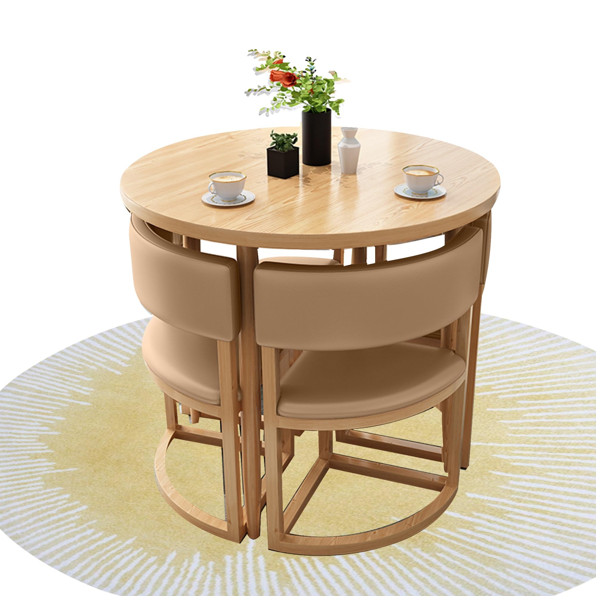 AYCDL Round Dining Table Set with 4 Chairs 80cm Kitchen Bar Table for Balcony Living Room & Café Comfortable with Backrest for Office Reception & Library,Pu-khaki
