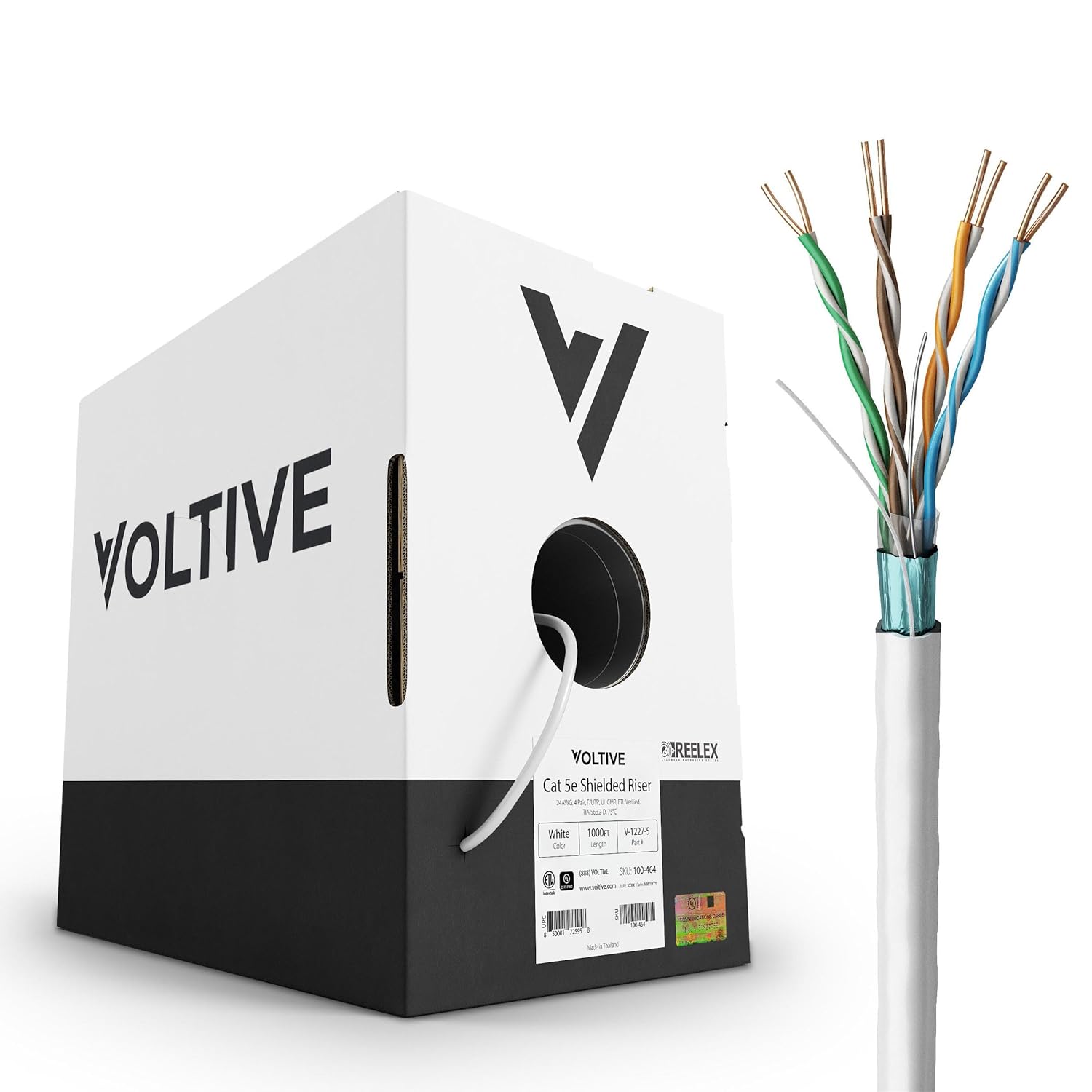 Voltive Cat5e Shielded Ethernet Cable, Riser (CMR), White, 1000ft - 24AWG 4 Pair Solid Bare Copper, FTP, 350MHz, UL Certified & ETL Verified - V-1227-5