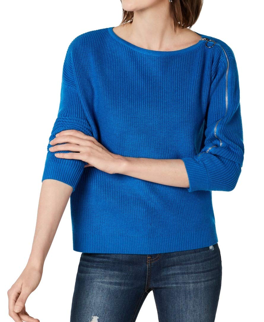 Bar III | Ribbed Zipper-Sleeve On/Off Shoulder Sweater | Beacon Blue | XS