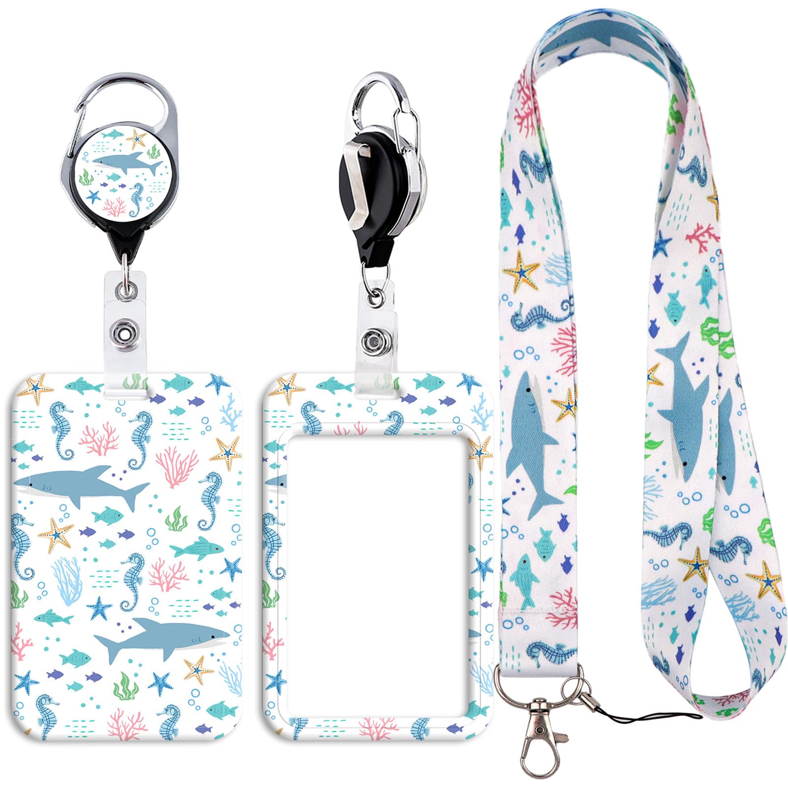Ocean Lanyard with Card Holder Blue Aesthetic Vertical ID Badge Holder Card Sleeve with Retractable Reel Clip for Nurse Teacher Office Staff Work Cruising, Sea Animals