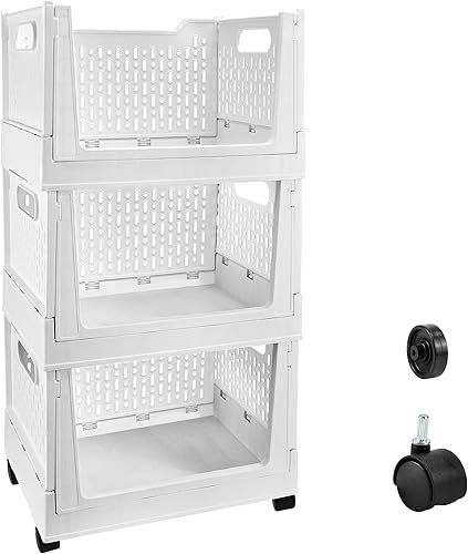 Miniatura 9 de Cesta de almacenamiento de plástico apilable, paquete de 3 organizadores plegables de armario y contenedores de almacenamiento con ruedas, estante