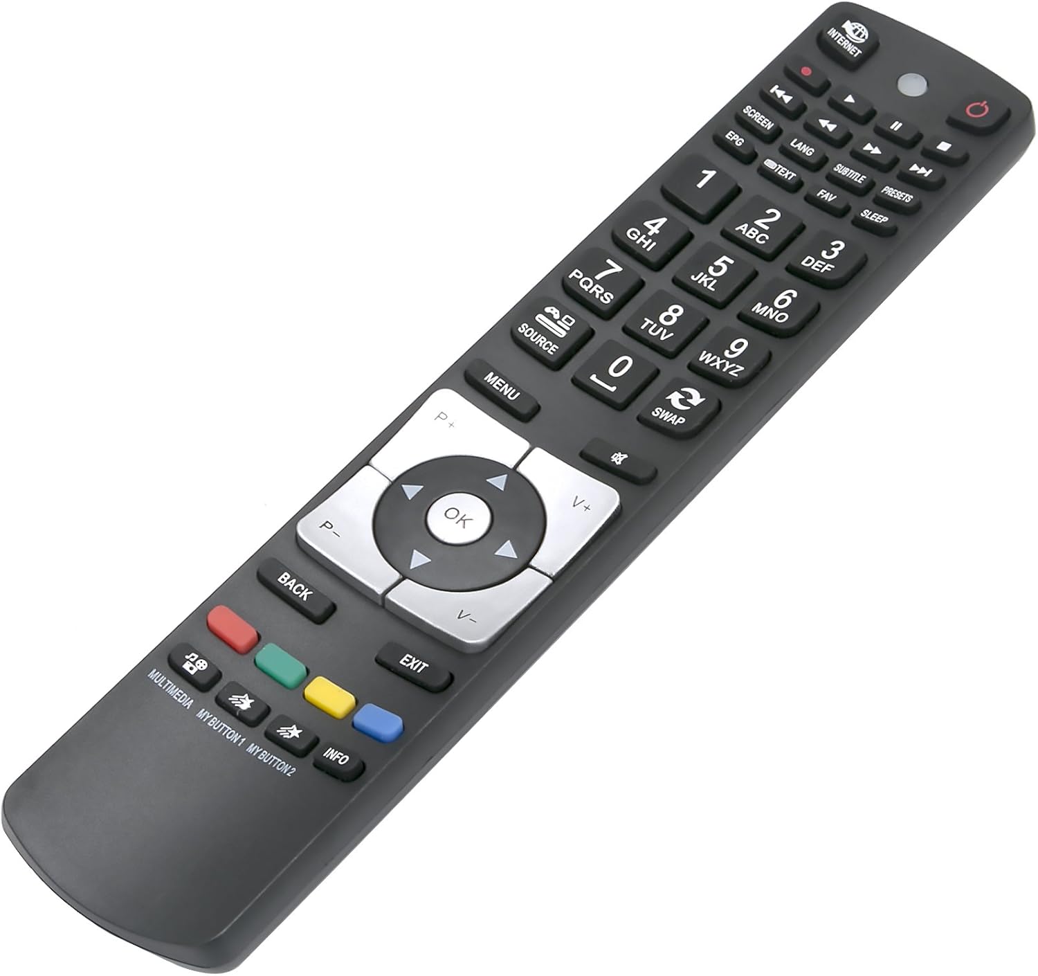 Mwenye pembe view of the VINABTY RC5112 remote control, highlighting the ergonomic design and button layout.