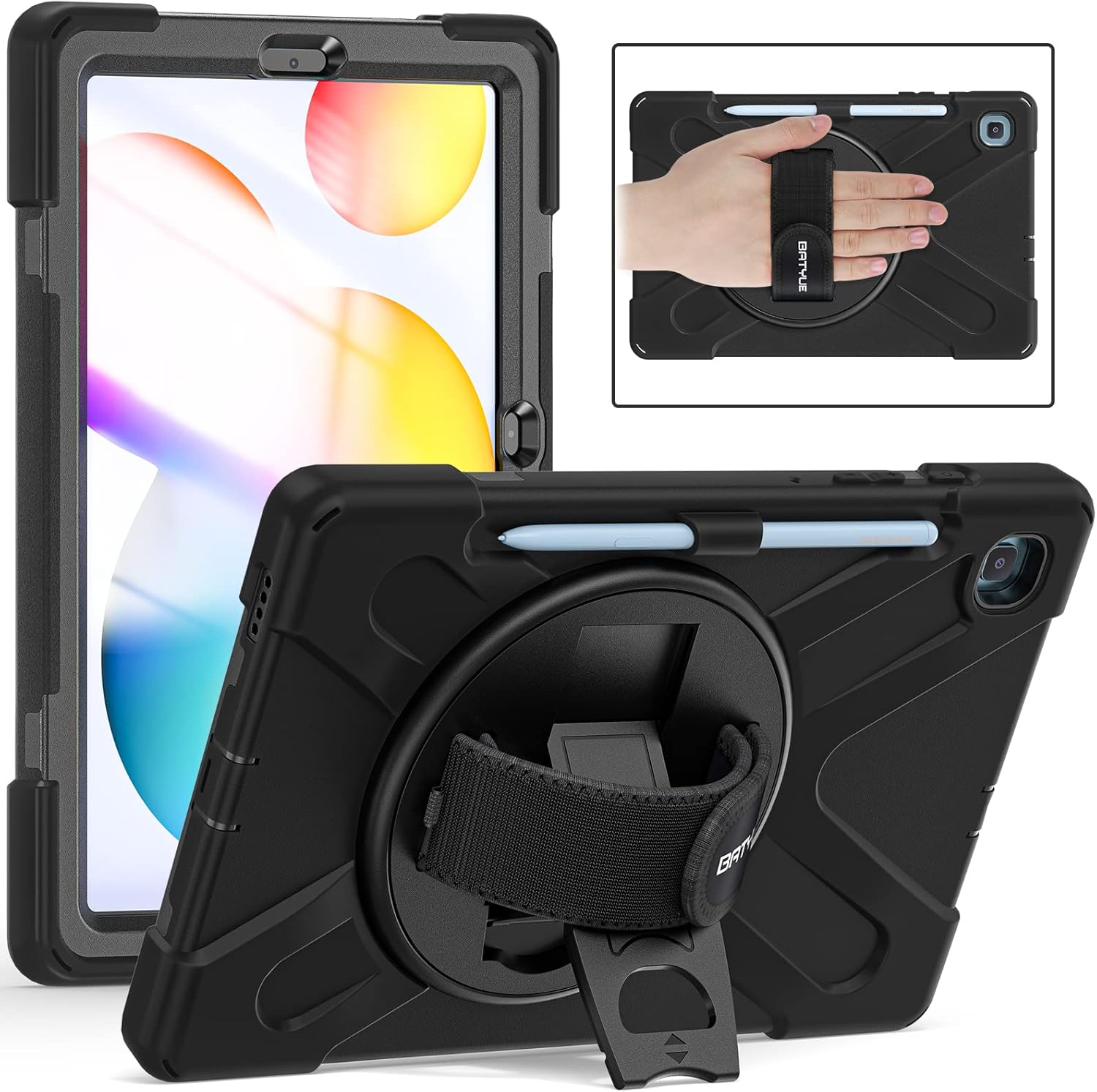 BATYUE Case for Galaxy Tab S6 Lite 10.4 Inch 2024/2022/2020 with S Pen Holder, Shockproof Rugged Cover with 360 Rotating Hand Strap & Stand, Shoulder Strap for Samsung Galaxy S6 Lite Tablet, Black C2-Strap (Black)