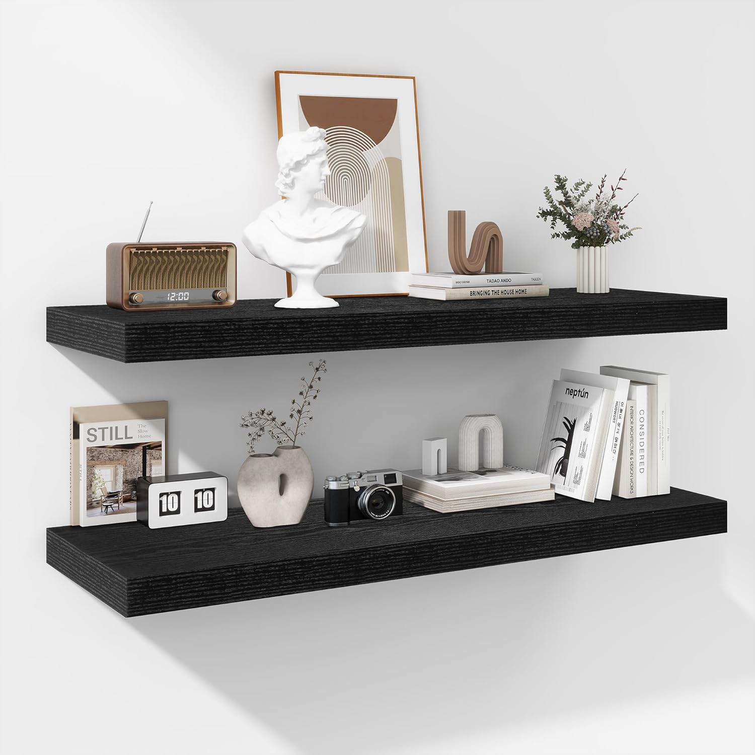 Fun Memories Floating Shelves - 2 Pack 12 Inch Rustic Wooden Wall Shelves - Extra Deeper & Thicker Wall Mounted Storage Shelf for Living Room, Kitchen, Farmhouse - 36" W x 12" D x 1.8"H - Rustic Black Rustic Black 36"W x 12"D - 2P