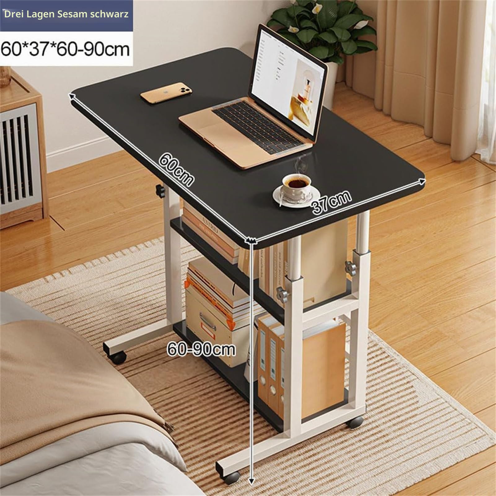 Warmiehomy Höhenverstellbarer Schreibtisch Platzsparender Laptoptisch 60x40cm Computertisch mit Rollen Schreibtisch Schwarz mit Regal Mobiler Beistelltisch PC Tisch für Home Office,Bett,Sofa,Schwarz