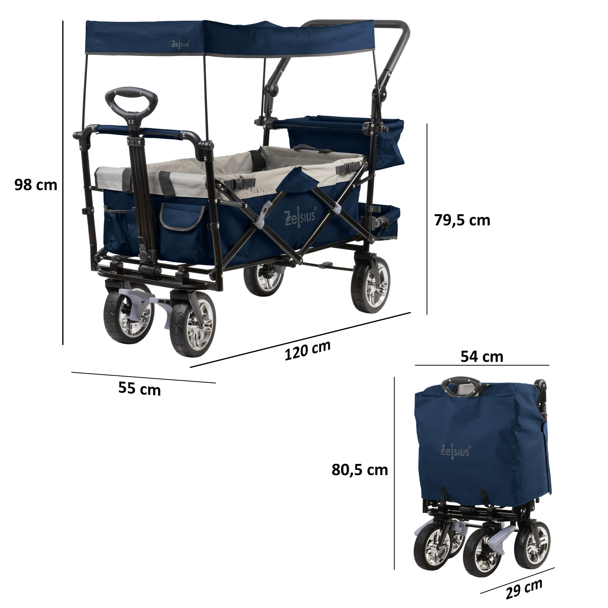 Zelsius Bollerwagen faltbar mit Dach | Blau/Grau | Transportwagen mit Gurtsystem | Handwagen, Klappbollerwagen, Gerätewagen | Faltbollerwagen klappbar, Gartenkarre mit Sonnendach, Transportkarre