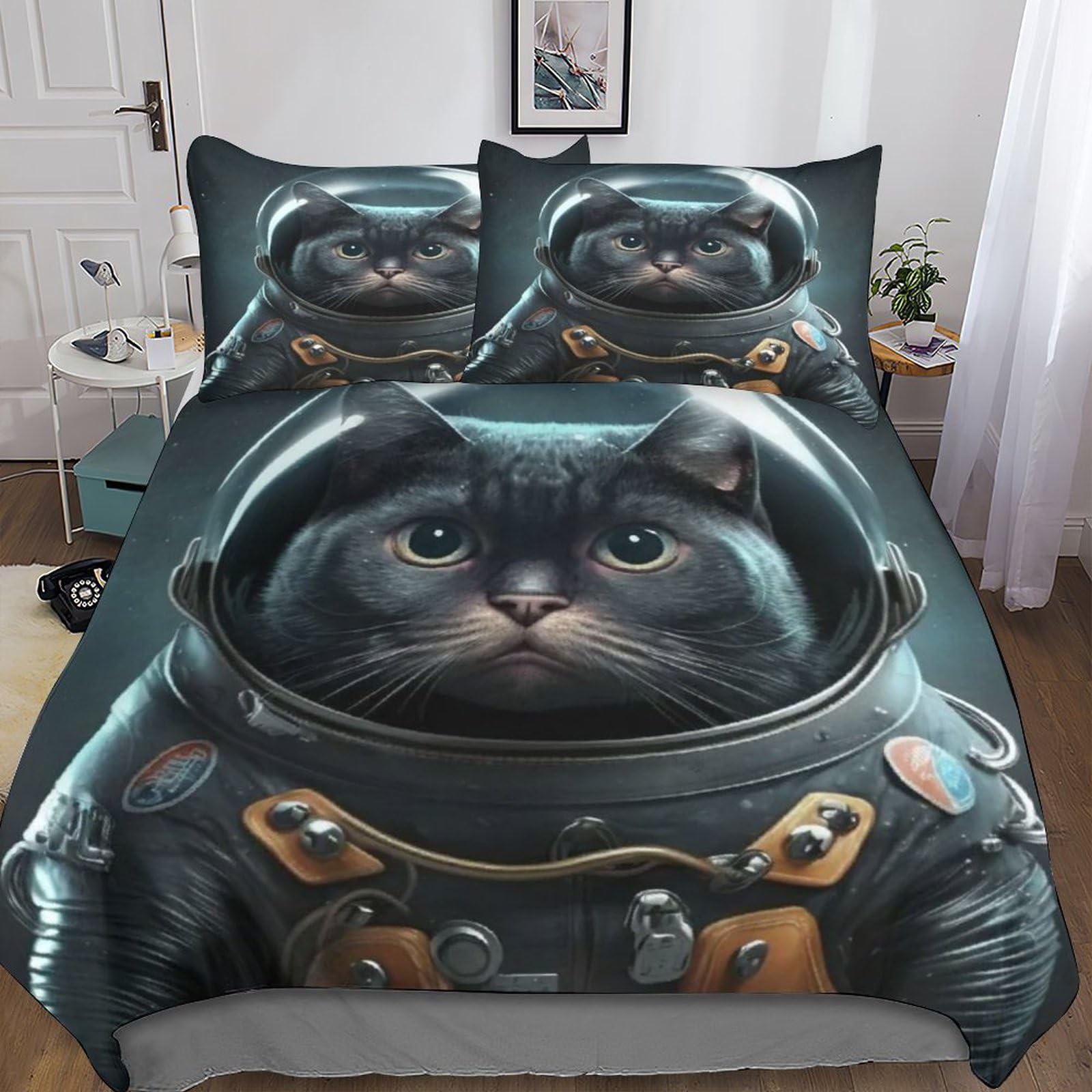 Housse de couette chat astronaute 3D 200x200cm en microfibre souple avec 2 taies d'oreiller