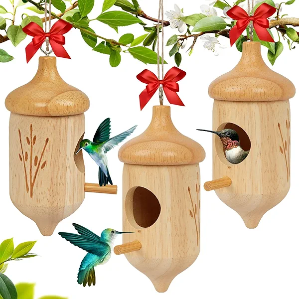 Hummingbird House, Wooden Hummingbird Houses for Outside Hanging, Humming Bird Nest Swinging, Wooden Bird Houses with Cotton, Bow, String, Gardening Gifts Decoration (3 Pack)
