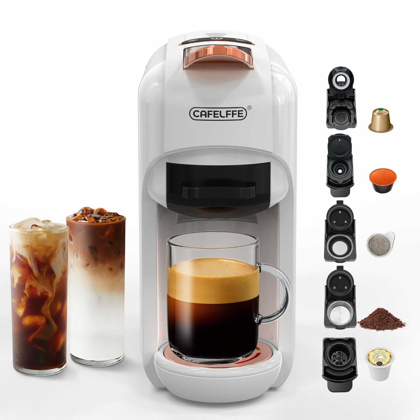 CAFELFFE MK-606 Ekspres do kawy na kapsułki 5 w 1 na pojedyncze porcje, 1450 W i ekspres do kawy na gorąco/zimno, kompatybilny z K Cup/NES Original/DG/44 mm ESE/kawa w proszku, 7 rozmiarów zaparzania
