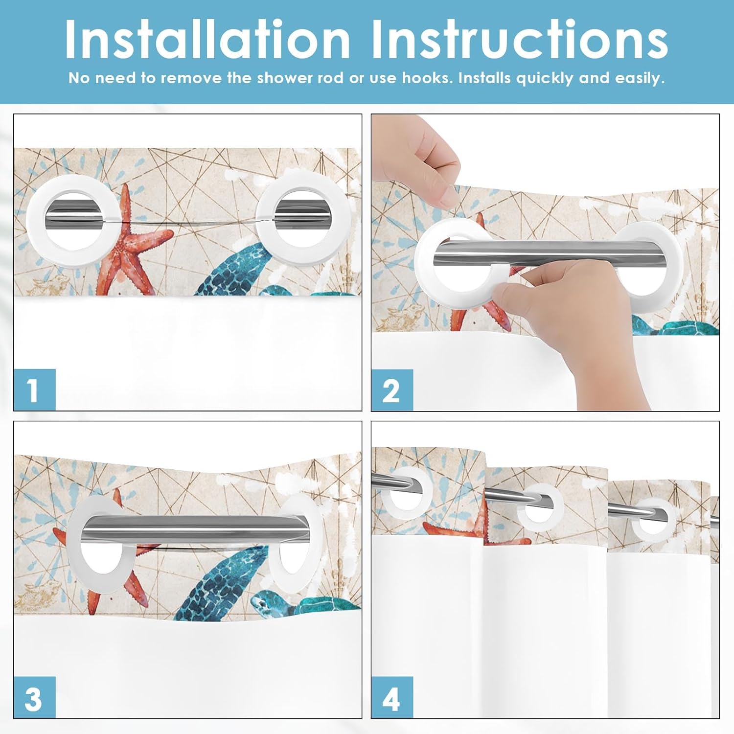 No Hook Sea Turtle Shower Curtain with Snap in Fabric Liner Set, Tropical Summer Ocean Blue Double Layers Waterproof Fabric with See Through Top Window Open Grommet Bath Curtain 71x74 Inch