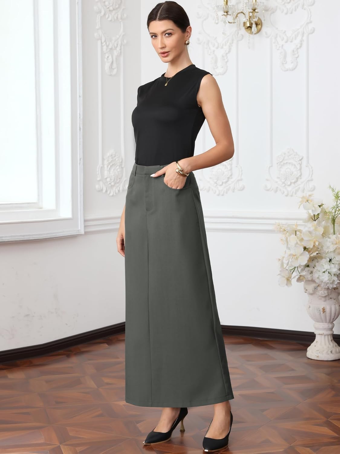 Allegra K Pencil Long Skirt for Women's High Waist Pockets Work Office Midi Bodycon Skirts