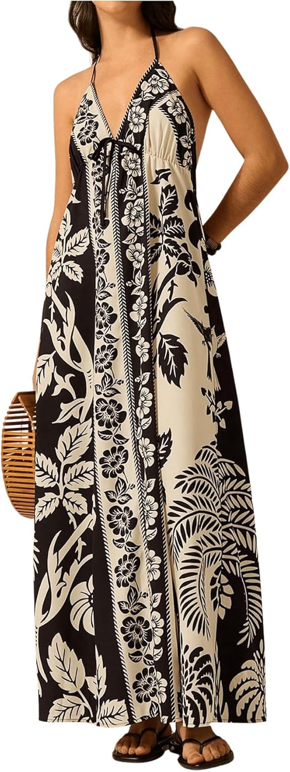 SOLY HUX Women's Boho Floral Print Maxi Dress Halter Backless Flowy Long Vacation Beach Summer Dresses