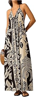 Women's Boho Floral Print Maxi Dress Halter Backless Flowy Long Vacation Beach Summer Dresses - Buy now