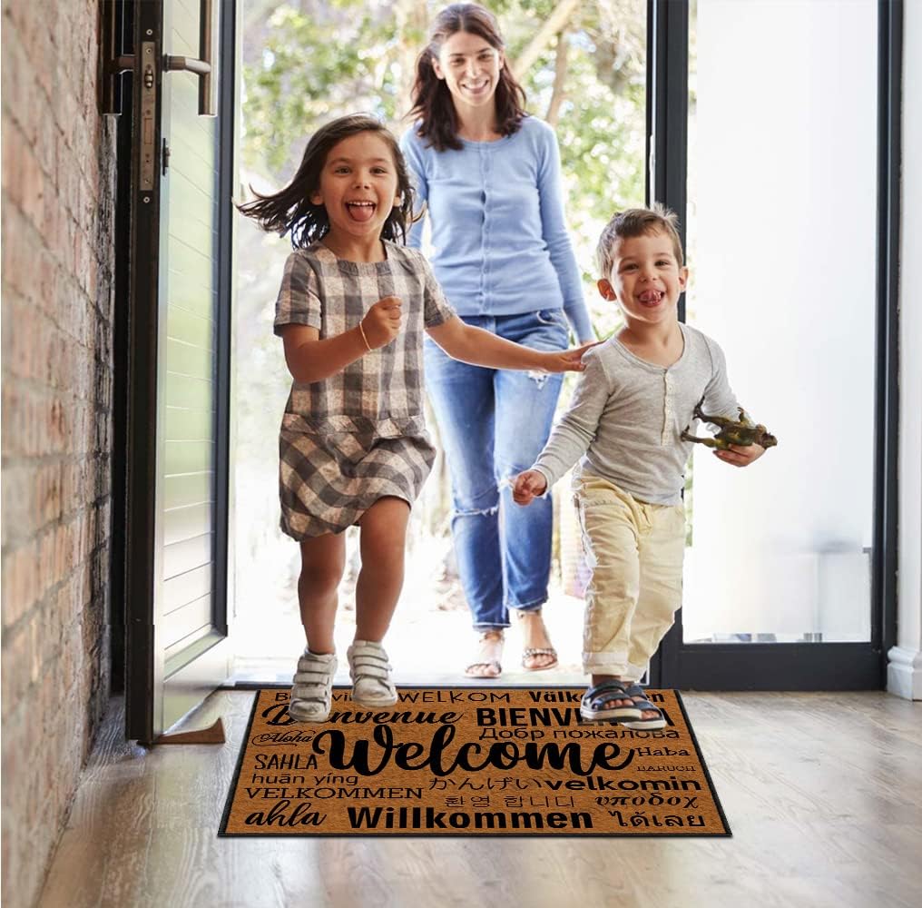 Front Door Mat Indoor Entrance Rugs Indoor, Welcome in Different Languages Summer Door Mat Doormat Outdoor Entrance Funny Door Mats 23.6X15.7 Inch