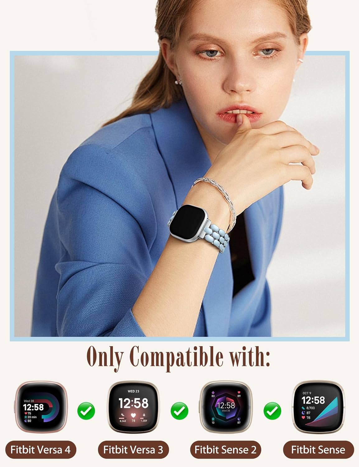 wearlizer metal band compatible with fitbit versa 4 bands for women/sense 2/sense/versa 3, dressy luxury link classic enamel design stainless steel elegant bracelet wristband replacement strap silver/light blue