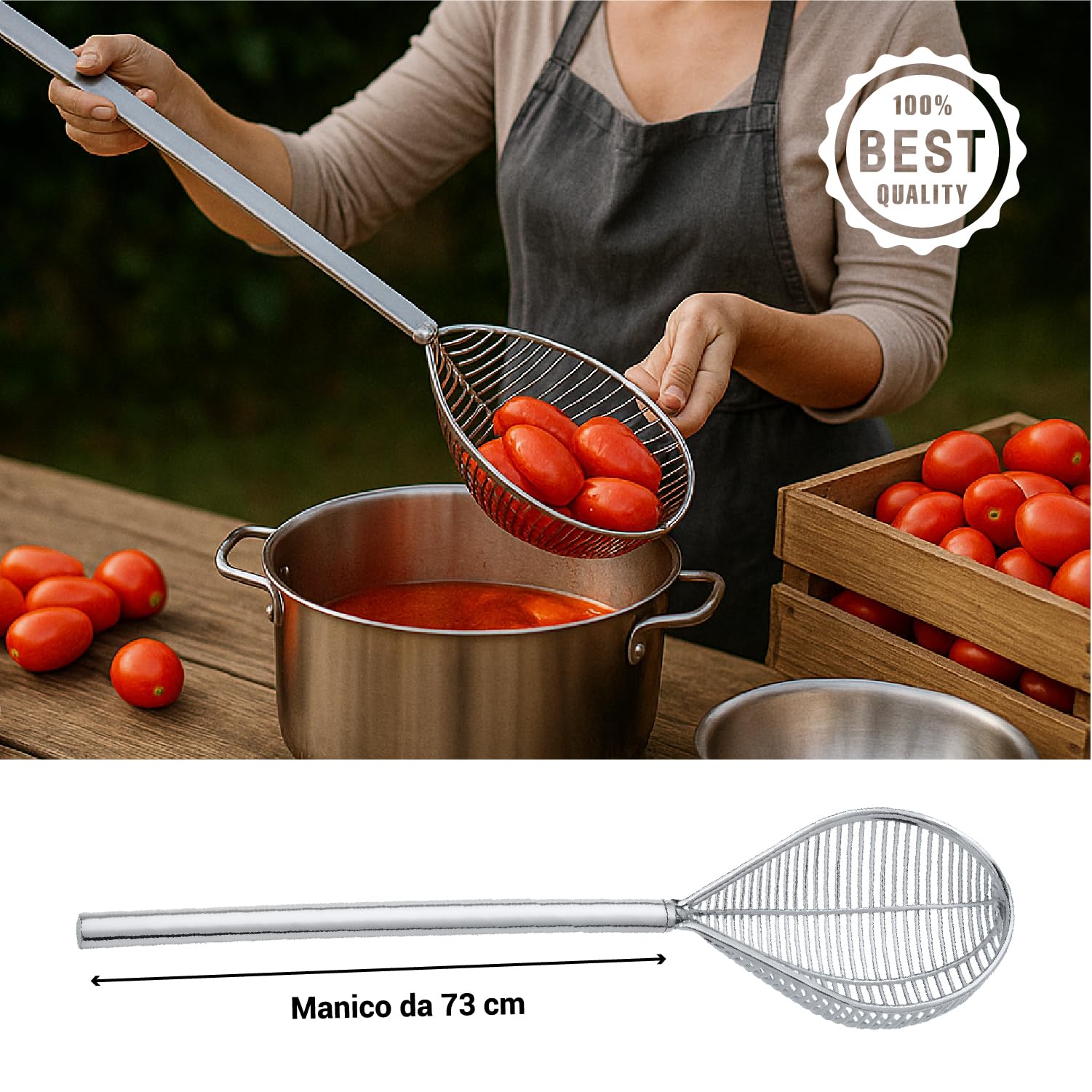 Crisalide® Colapomodoro in Alluminio Pressofuso – Manico 73 cm, Coppa da 26 cm – Utensile Professionale per Estrarre Pomodori e Alimenti