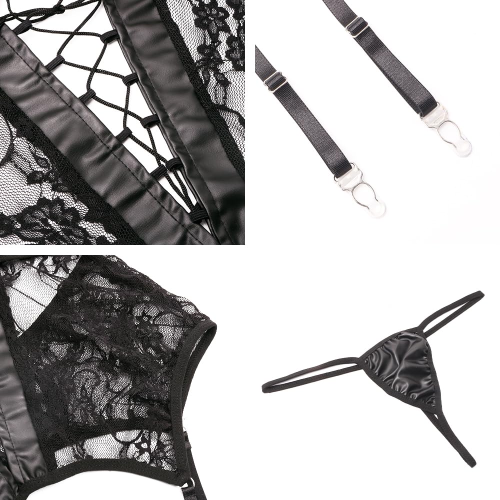 Sexy Femme Ensemble Lingerie Jarretière avec Porte Jarretelles Dentelle PU Body et String Ensemble, 3 Pièces Jarretière Wetlook Cuir Verni Mini Jupes Lingerie Babydolls Negligee S-XL