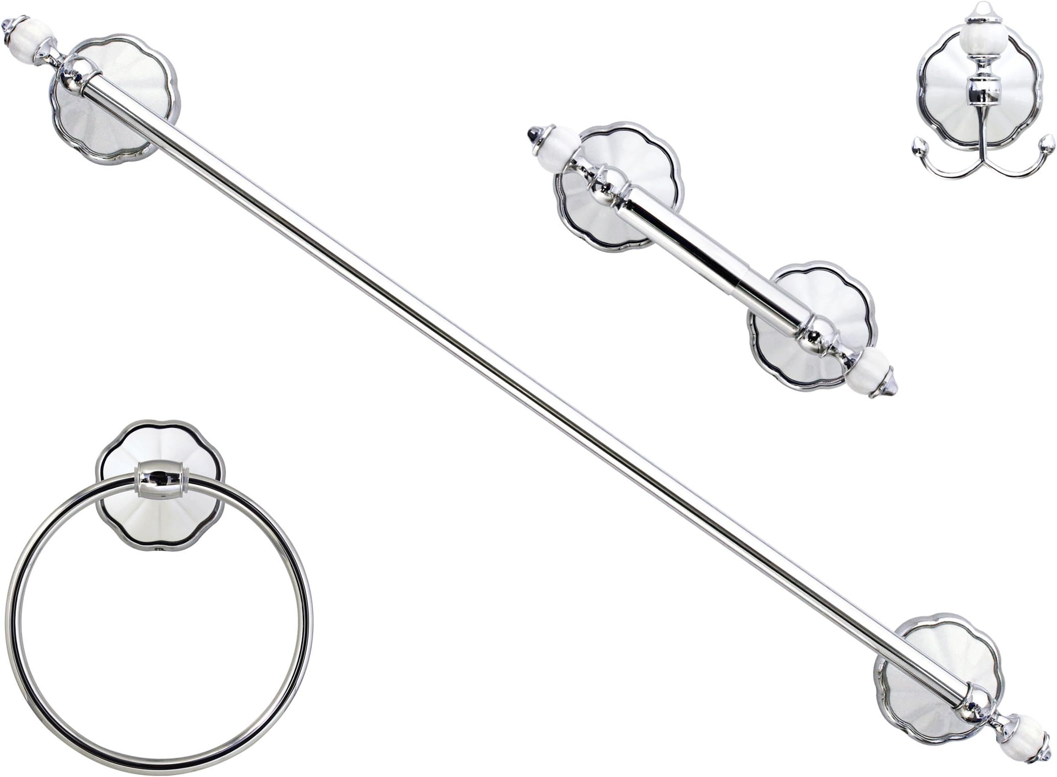 Four Piece Bathroom Accessories Set, Includes 24” Towel Bar, Robe Hook, Towel Ring, and Toilet Paper Holder – White Porcelain & Chrome - Flora Series - 5 Year Warrantee