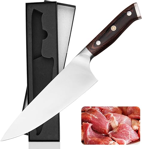 Ubekisco Cuchillo de chef de 8 pulgadas, acero inoxidable 7Cr, mango de madera de Pakkawood, herramientas de cocina de espiga completa con triple
