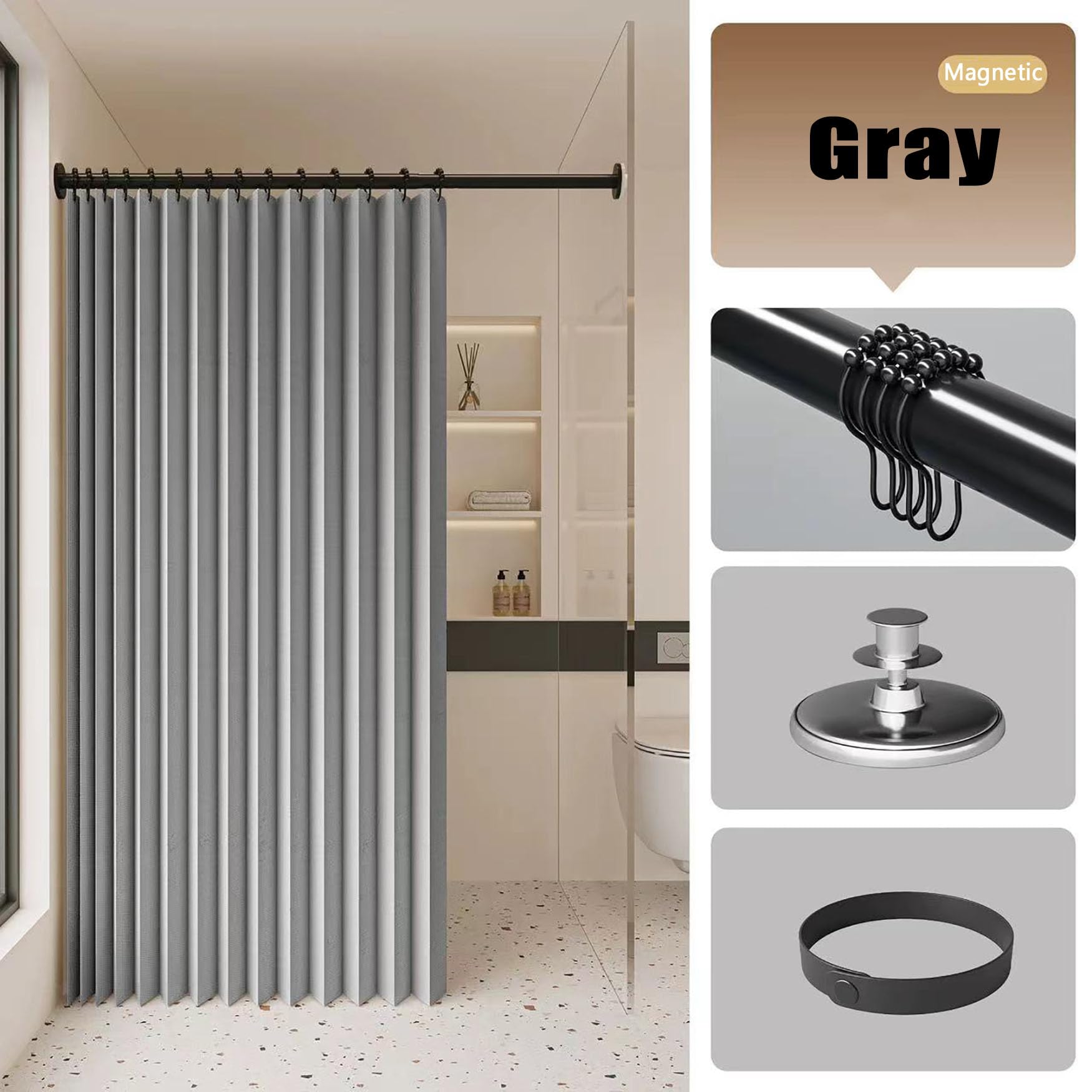 Rideau Separation 137 x 185 cm Anti-Moisissure, Imperméable, Anti-Éclaboussures Rideau Occultant Thermique Installation Facile et Rapide pour Balcon Armoire et Cloison, Gris