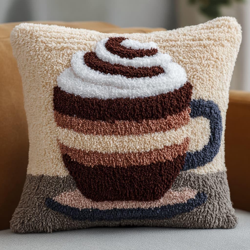 Taxpy Latch Hook Kits, Cartoon Teacup DIY Pillowcase Hook and Latch Kit, Needlework Cushion Cover Hand Craft Crochet Sofa Decoration 43x43cm