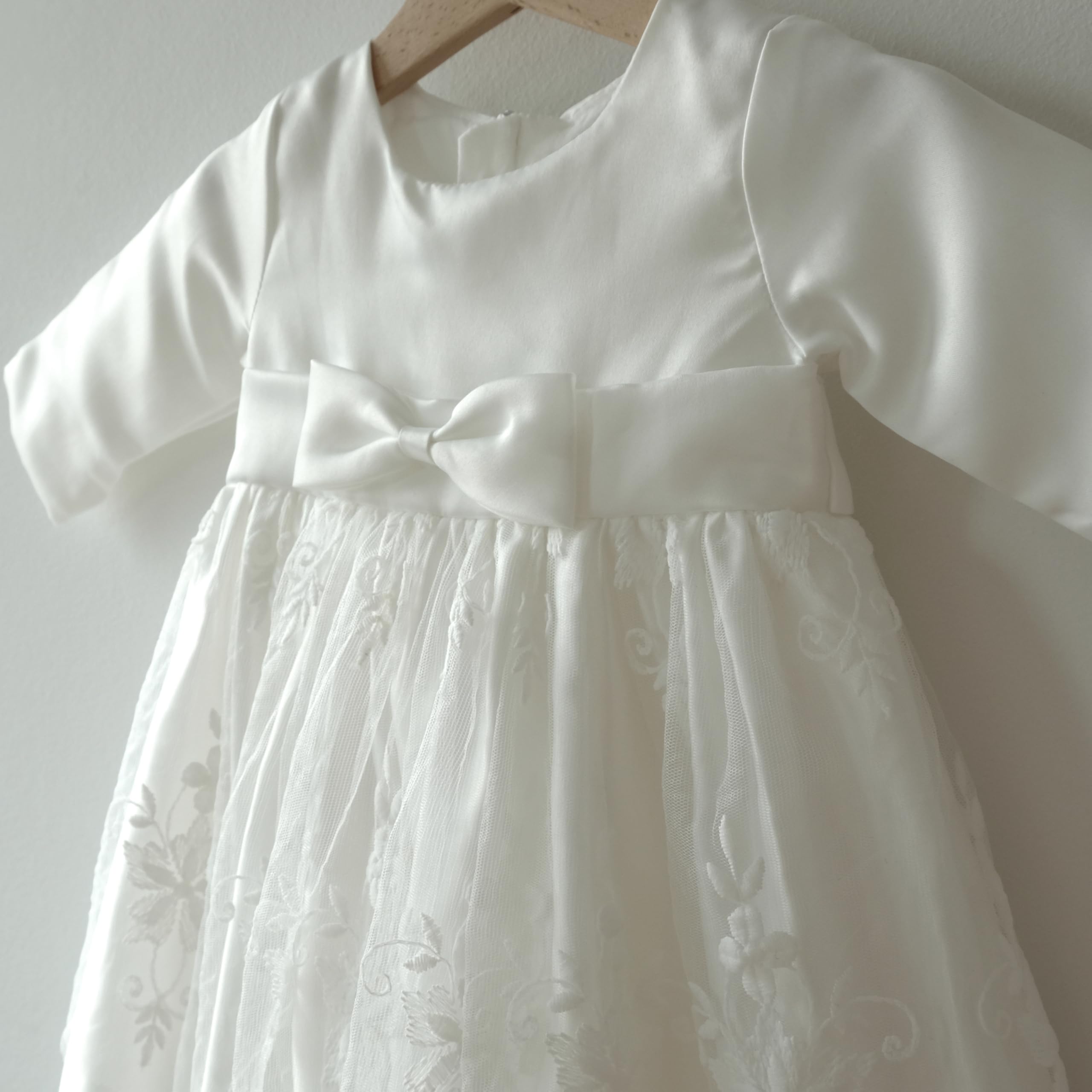 Taufkleid Langarm Satin Spitze Baby Mädchen Blumenmädchen M35
