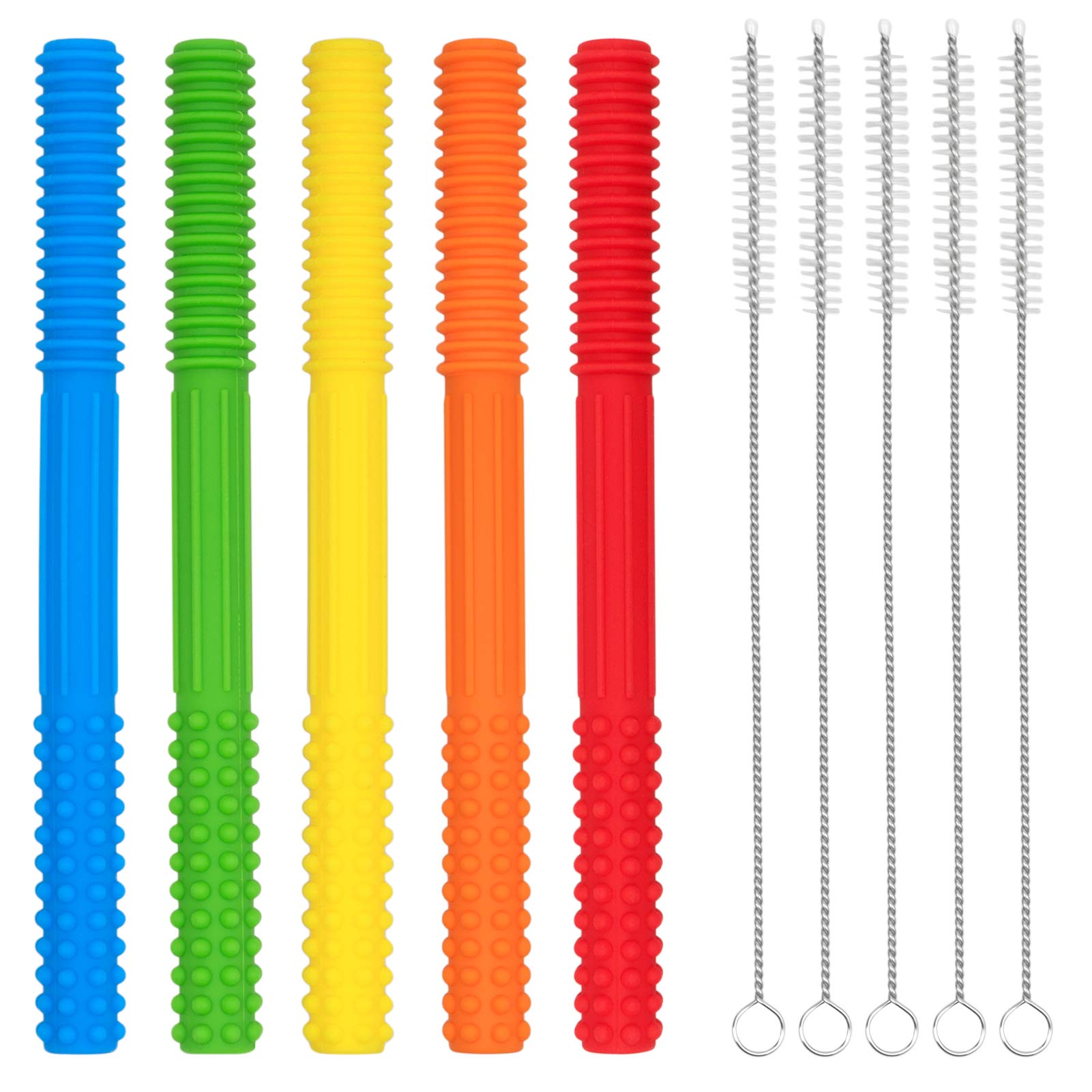 SINBLUE Hollow Teething Tube,(6.9’’ Long) - 5 Pack Silicone Chew Pendant Training,Teething Toys for Babies 0+ Months - BPA Refrigirator Safe(Free Tube Brush)