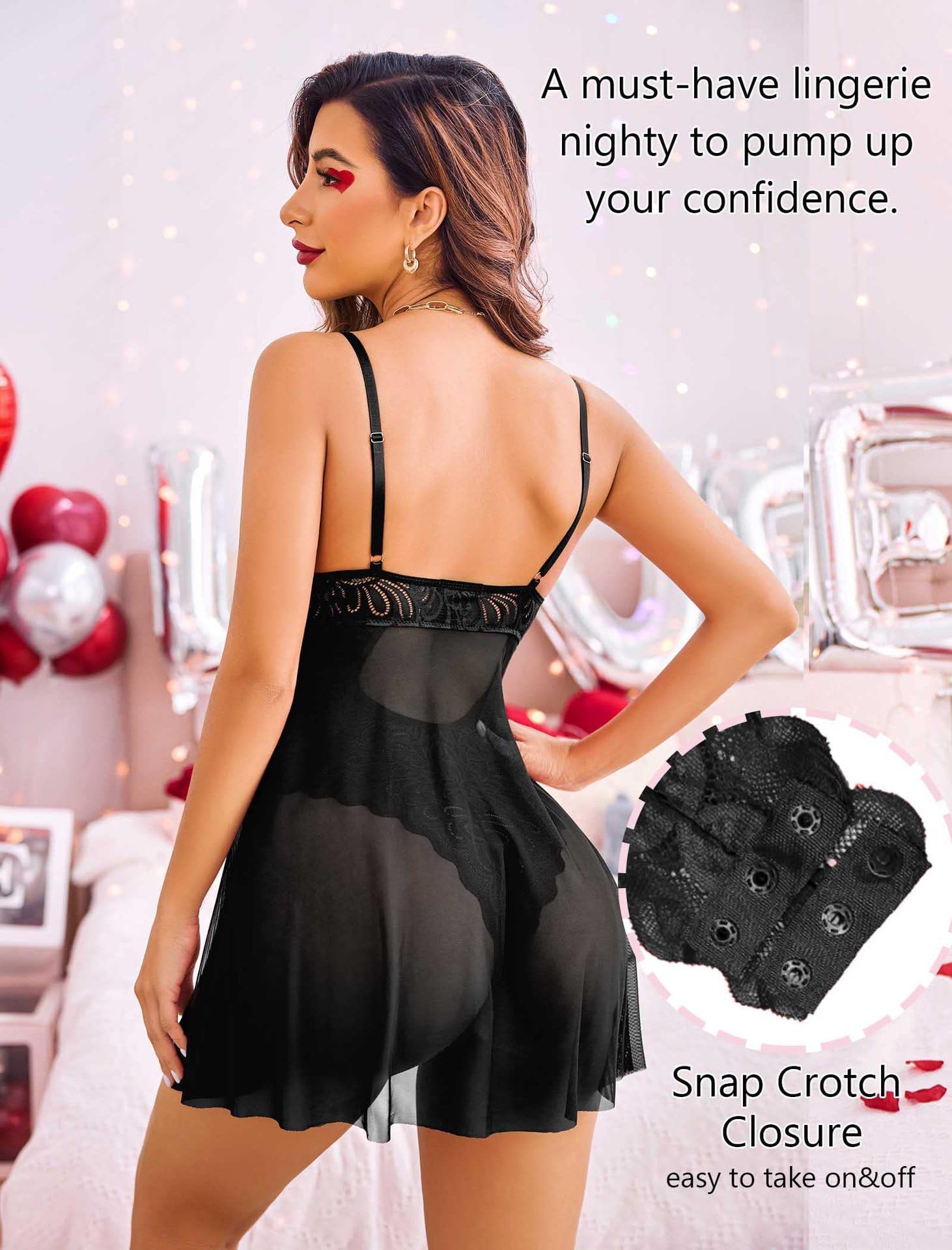 ZWCHGJ Camisón Transparente Sexy para Mujer Babydoll de Encaje Body de Peluche de una Pieza Lencería Negligee Travieso Cuello en V Halter Sin Mangas Correa para el Hombro Camisón Fino para Mujer