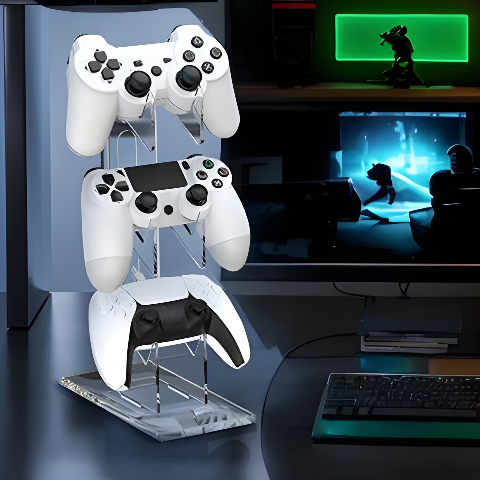 Supporto per controller di gioco, supporto trasparente per cuffie, rack di supporto a tre livelli, design stabile antiscivolo, soluzione efficiente per la gestione dei cavi, da gioco premium