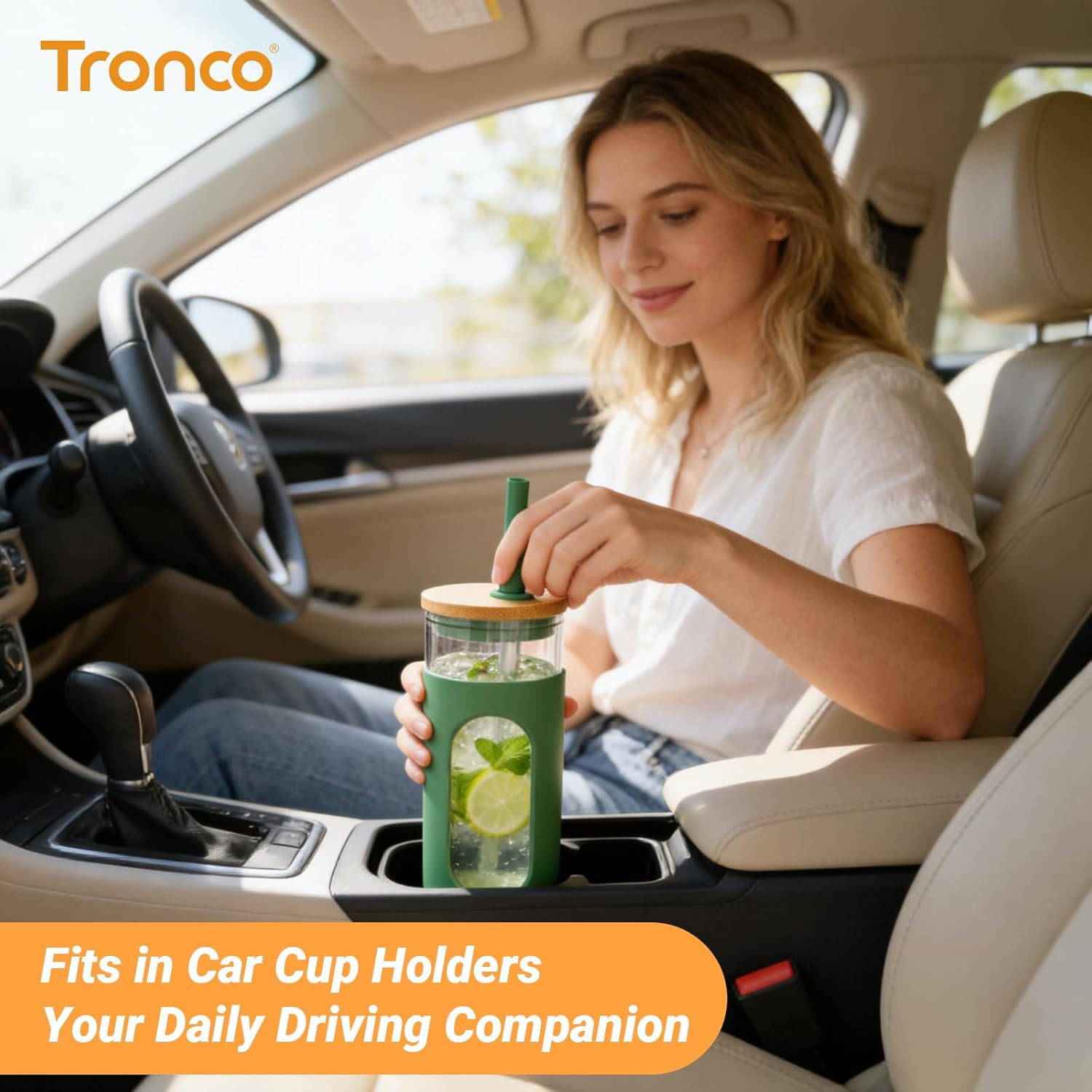 Tronco 26 oz Glass Tumbler with Lid & Straw, Reusable Iced Coffee Cups and Smoothie Cup with Bamboo Lid for Boba Tea, Coffee, Juice, BPA-Free Borosilicate Glass Cup for Home, Office & Gifts – 2 Pack