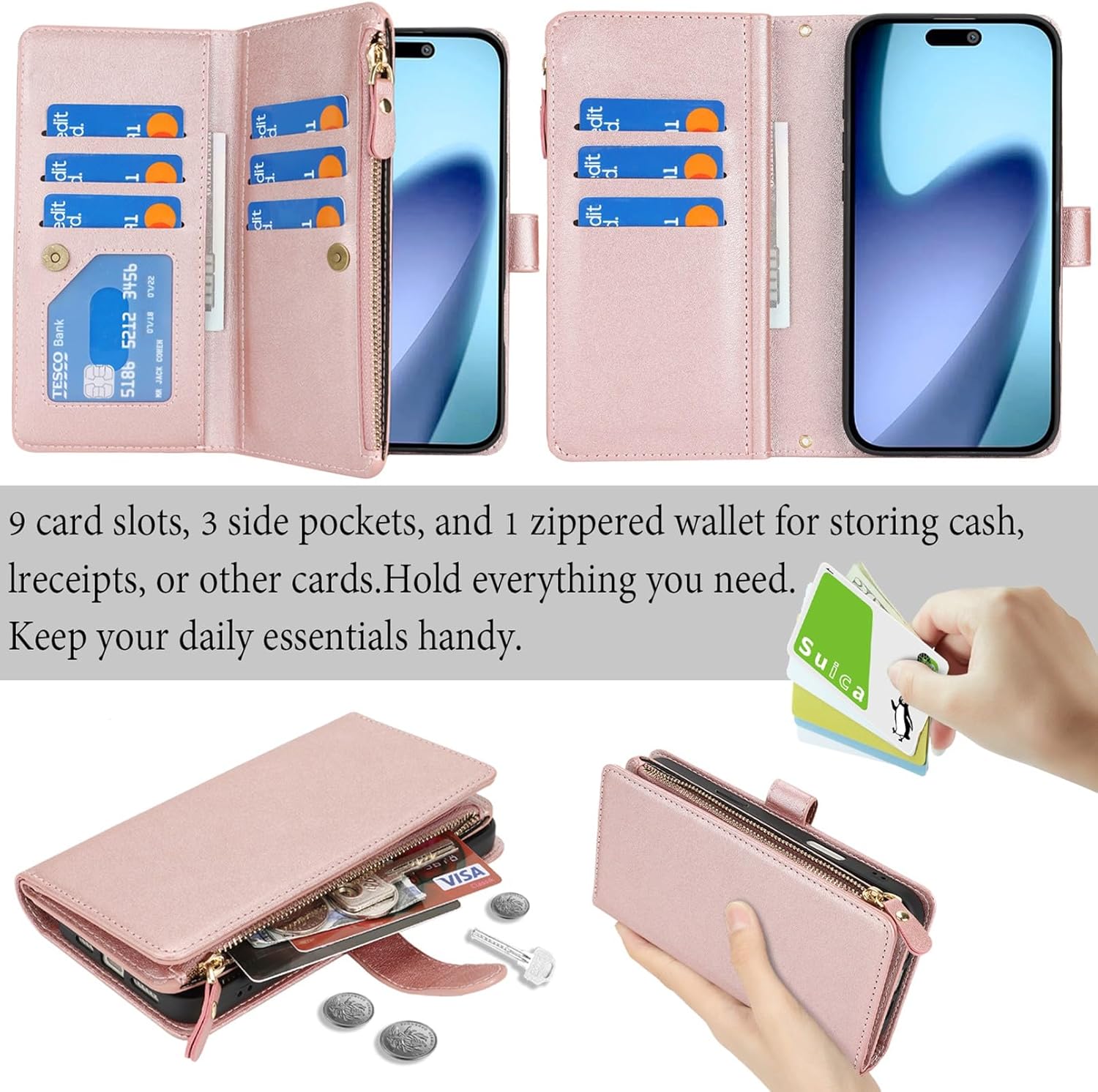 Jaorty Wallet Case Compatible with iPhone 17 Air with Wrist Strap,2025 Release Purse for Women Men,[9 Card Slots] Card Holder Zipper Cash Pocket Magnetic Leather Cover,6.6 inch Rosegold - Image 2