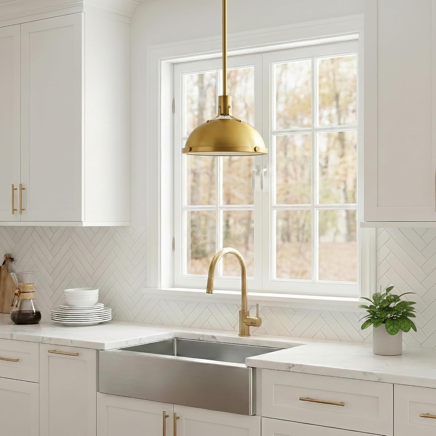 12.7 Inch Brushed Gold Modern Pendant Lights, Contemporary Dome Kitchen Island Pendant Lighting, 1-Light Small Ceiling Hanging Light Fixture with Opal Glass Diffuser, Over Sink Table Bar Hall