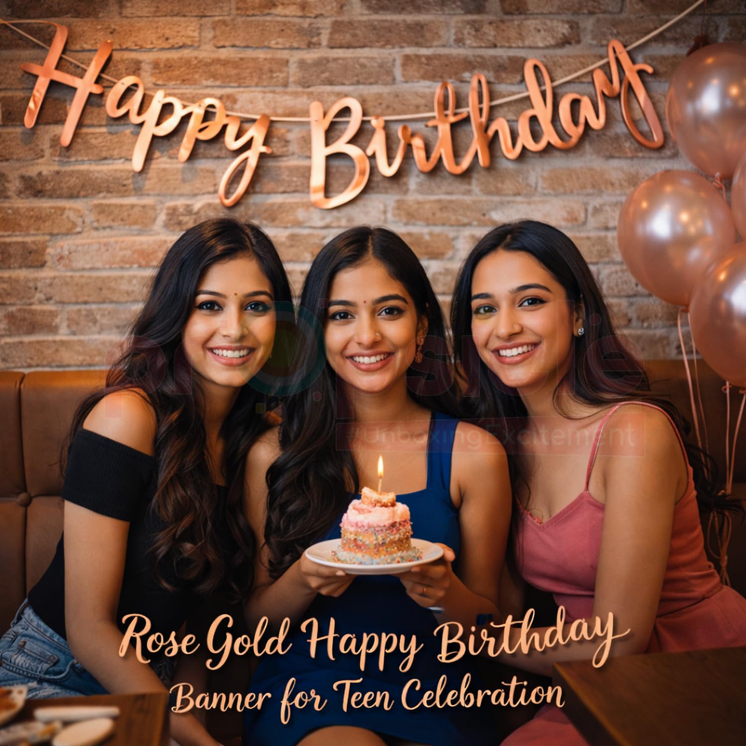 Propsicle Rose Gold Happy Birthday Banner - Glossy Cursive Cardstock Decoration with Ribbon, Reusable Wall Backdrop for Kids, Girls & Women Celebration Setup 2