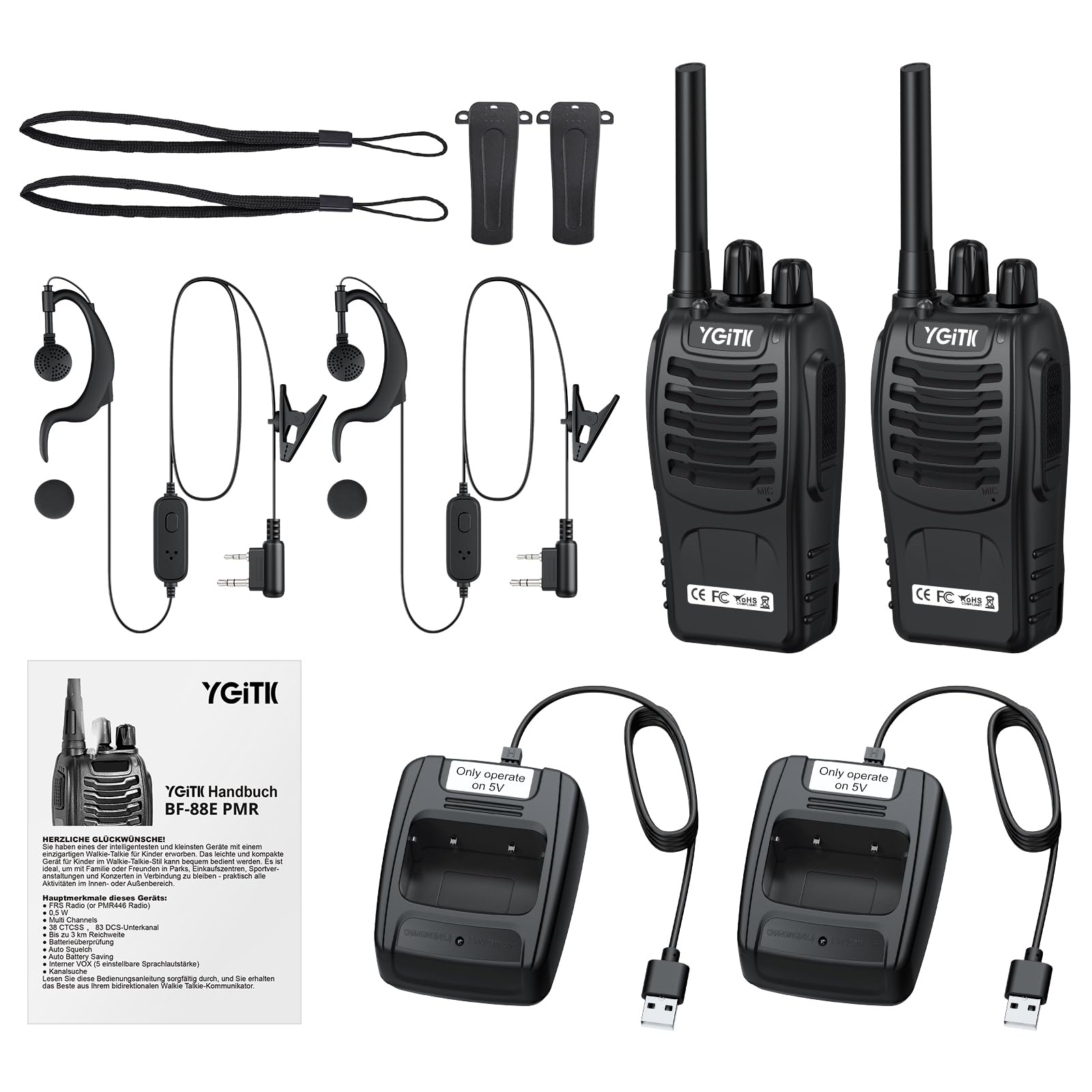 Talkie Walkie Rechargeable Longue Portée 16 Canaux PMR Talkies-Walkies Radio, Radio sans Licence, Fonction VOX, Lampe LED, Portatif pour Extérieur, École, Maison (2 Unités)