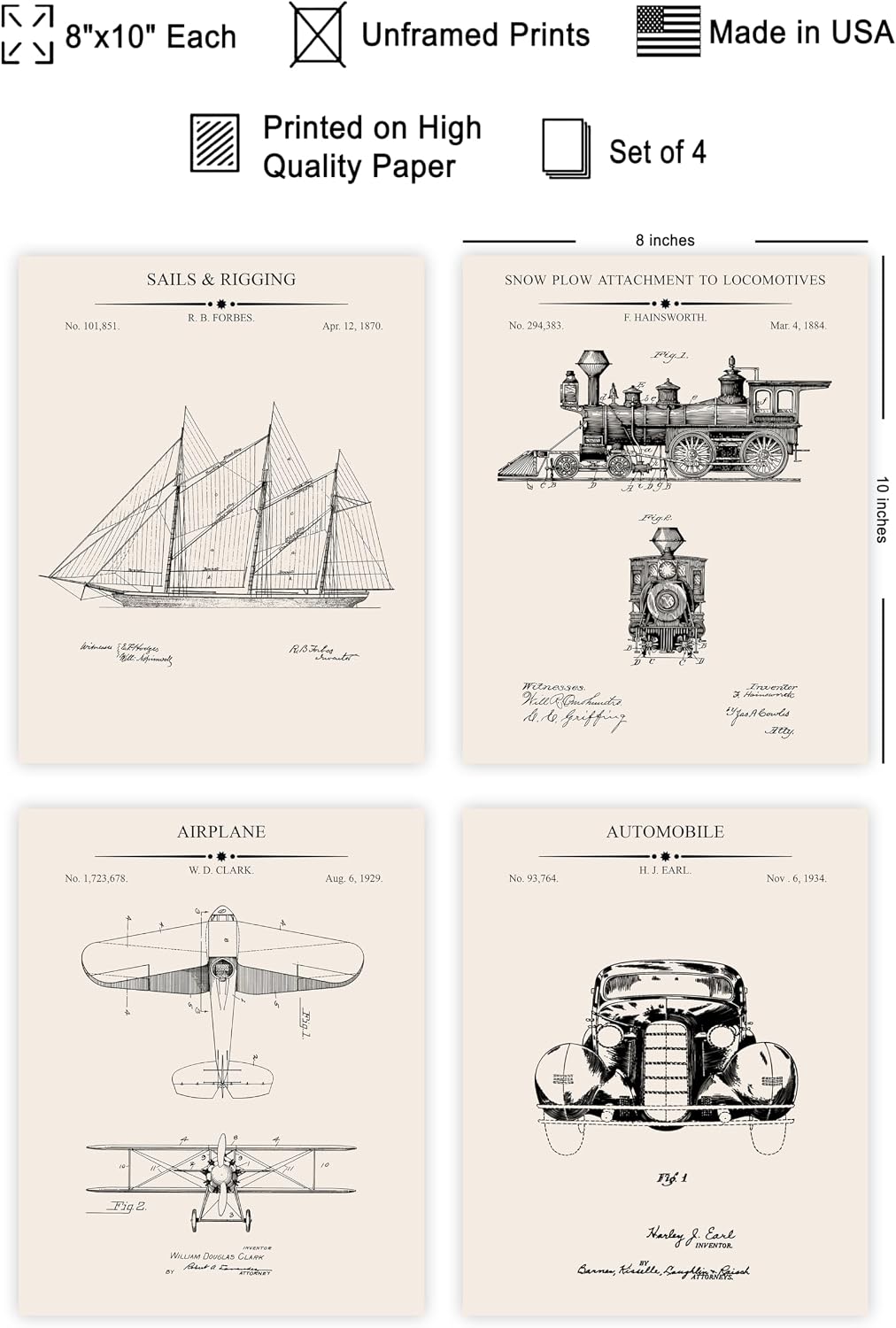 Poster Master 4-Piece Vintage Transportation Blueprint Poster - Sailboat Patent Print - Locomotives Art - Airplanes Print - Trains & Vehicles Design - Garage or Man Cave Decor - 8x10 UNFRAMED