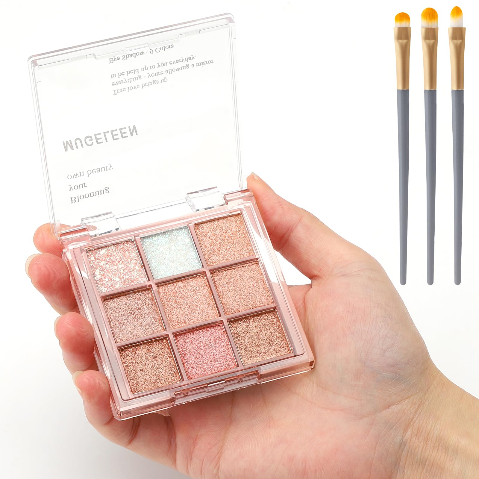 Paleta de sombras de ojos con purpurina de 9 colores, paleta de sombras de ojos de larga duración, color rosa, blanco y dorado, resistente al agua, para mujeres y niñas, con 3 cepillos